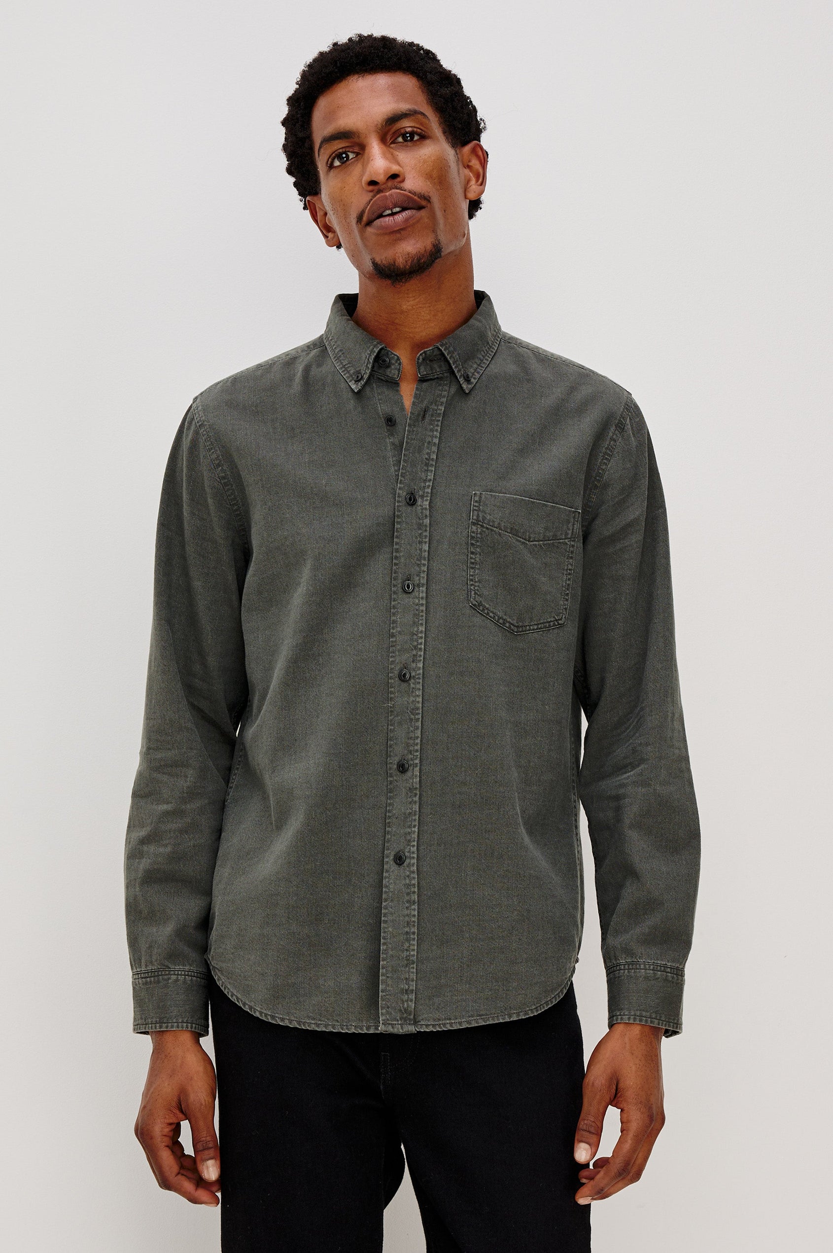 Tristan Long-Sleeve Button Down with a Chest Patch Pocket in Shadow Pass Colorway, a washed black/grey - Front View Featured on Model