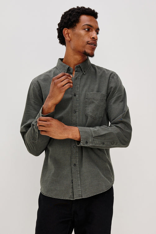 Tristan Long-Sleeve Button Down with a Chest Patch Pocket in Shadow Pass Colorway, a washed black/grey - Front View Featured on Model
