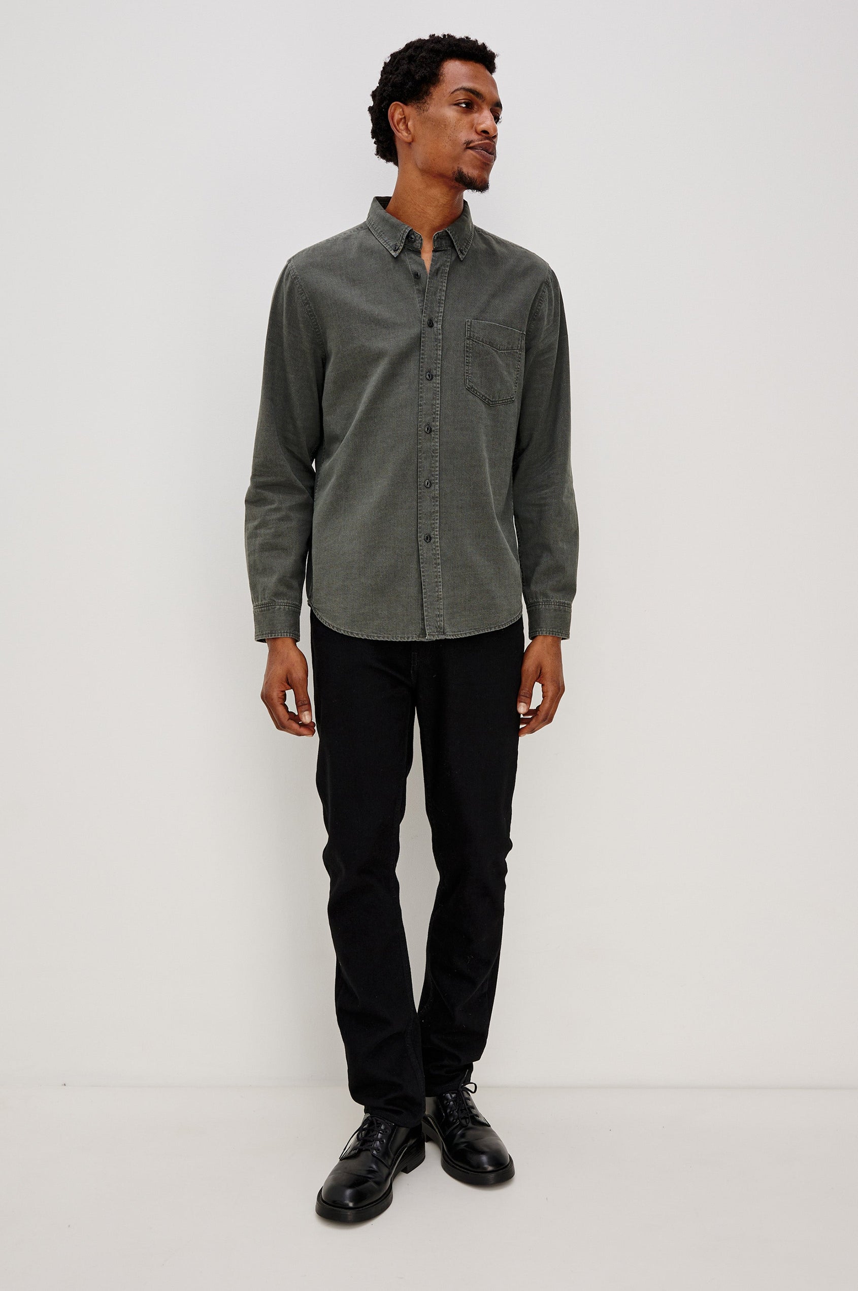 Tristan Long-Sleeve Button Down with a Chest Patch Pocket in Shadow Pass Colorway, a washed black/grey - Front Full Body View Featured on Model