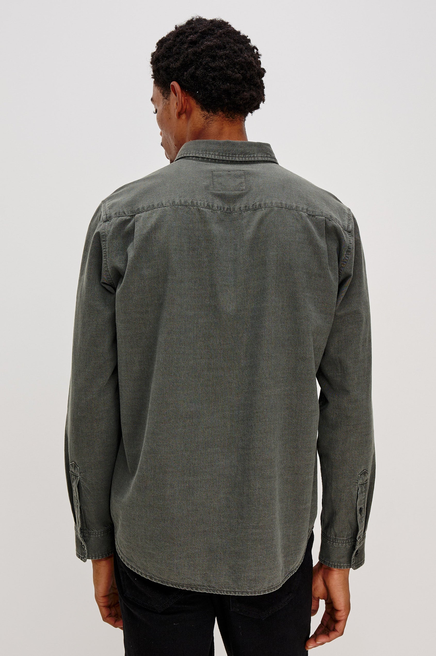 Tristan Long-Sleeve Button Down with a Chest Patch Pocket in Shadow Pass Colorway, a washed black/grey - Back View Featured on Model