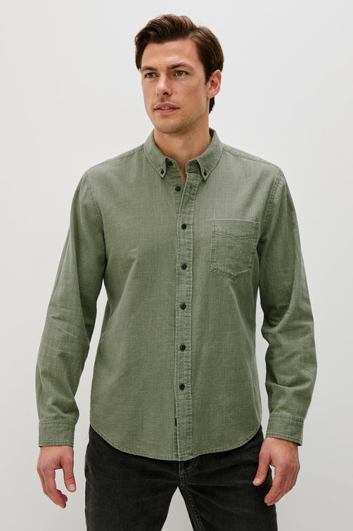 Tristan Long-Sleeve Button Down with a Chest Patch Pocket in Surplus Colorway, a olive green - Front View Featured on Model