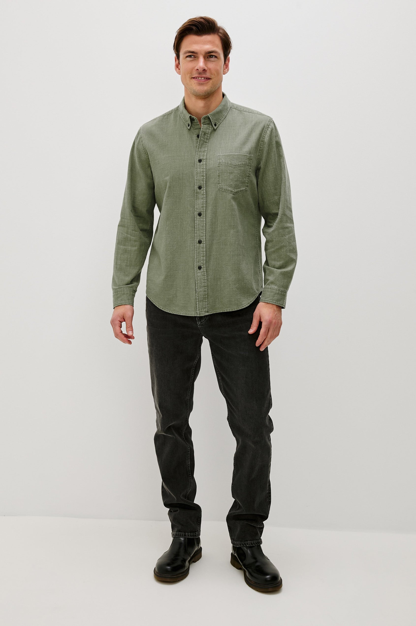 Tristan Long-Sleeve Button Down with a Chest Patch Pocket in Surplus Colorway, a olive green - Front Full Body View Featured on Model
