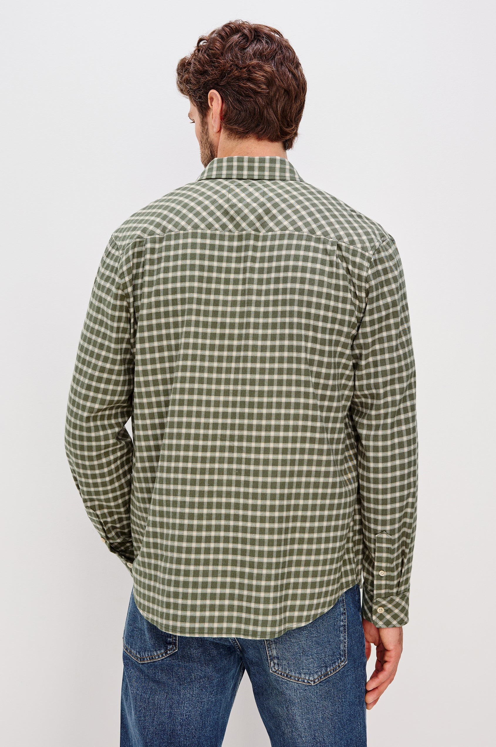 Vance button front collared shirt with long sleeves, collard stand buttons and a single chest pocket in Basil Stone colorway. Back view featured on model.
