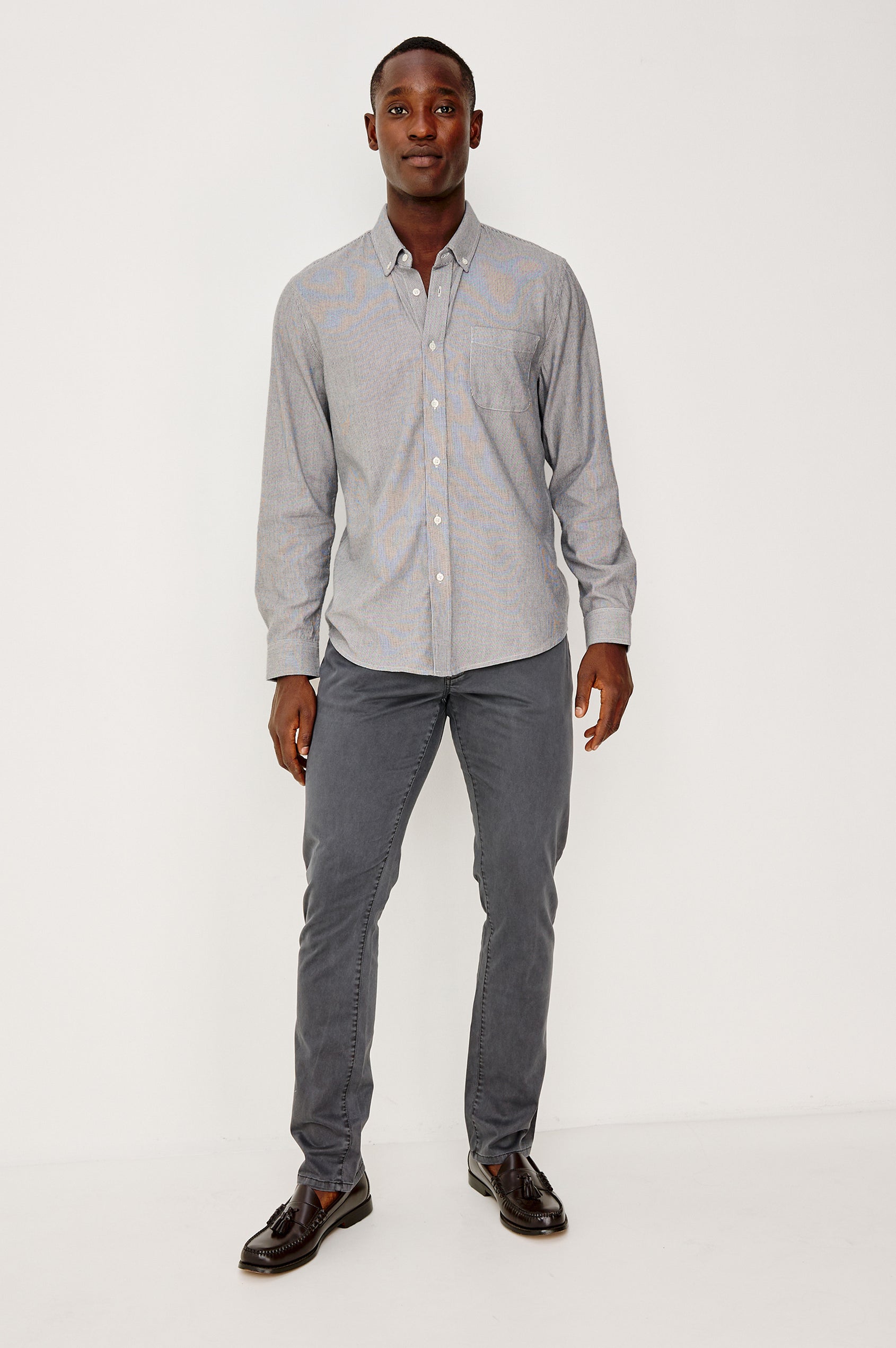 Vance button front collared shirt with long sleeves, collard stand buttons and a single chest pocket in Navy Rope Stripe colorway. Front full body view shown on model.