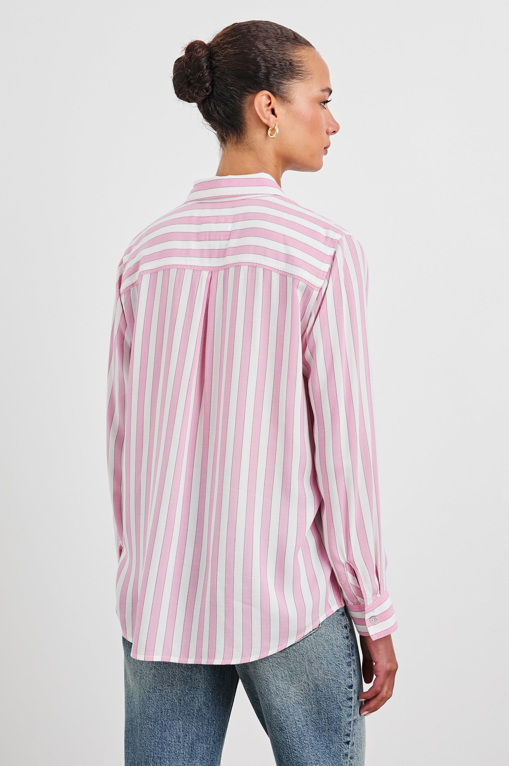 Wren Long-Sleeve Button Up with Chest Patch Pocket in Rose Bloom Stripe Colorway, Rose and White Vertical Stripes - Back View Featured on Model