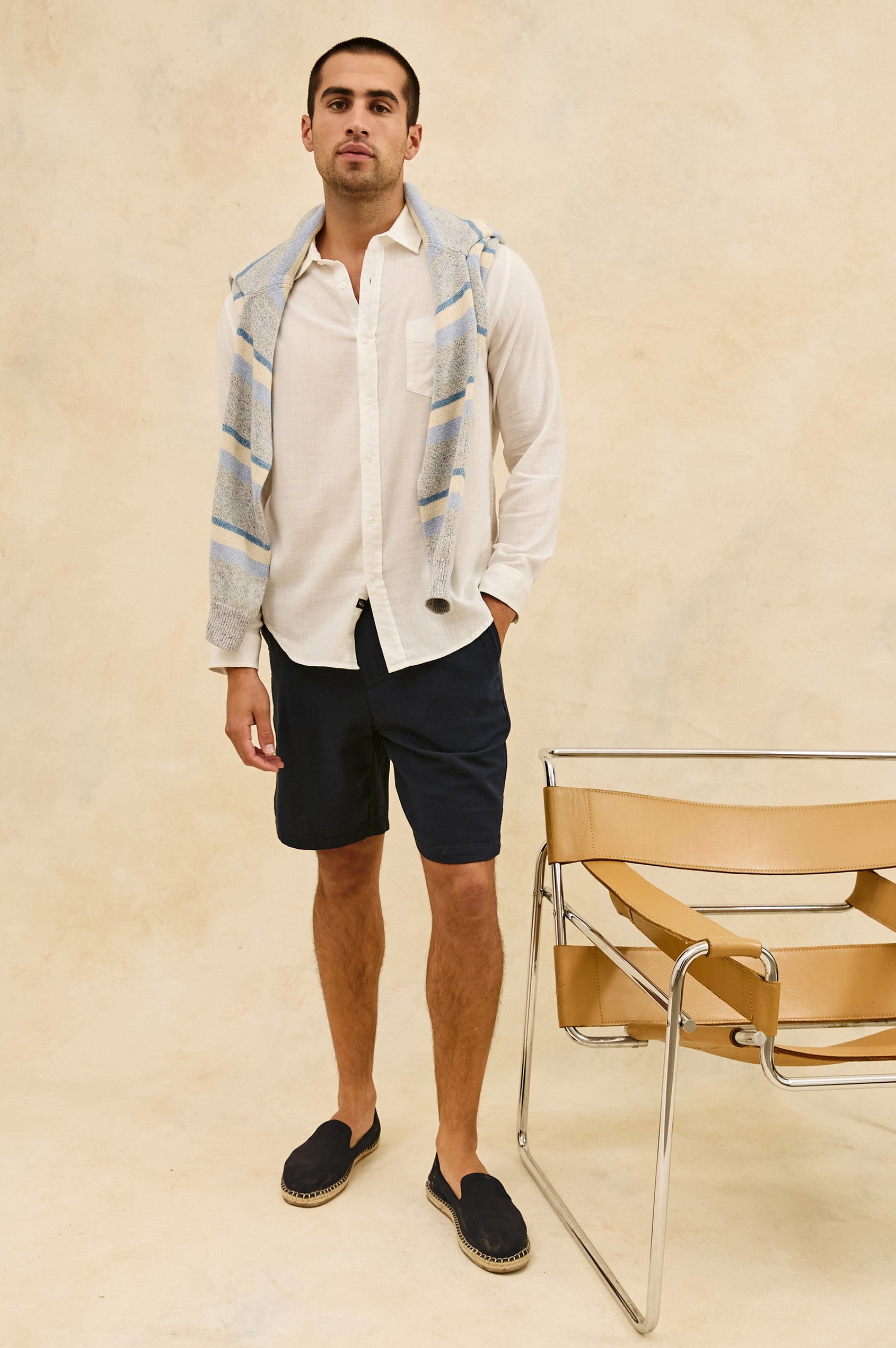 Wyatt Classic Button Up Long Sleeve Relaxed fit Shirt in White - stylized full body front view on model