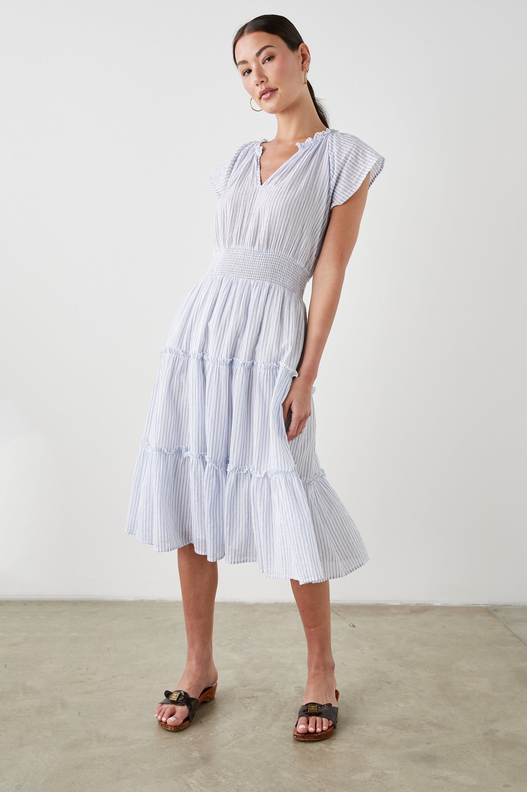 AMELLIA DRESS CINO STRIPE - FULL FRONT BODY IN MOTION