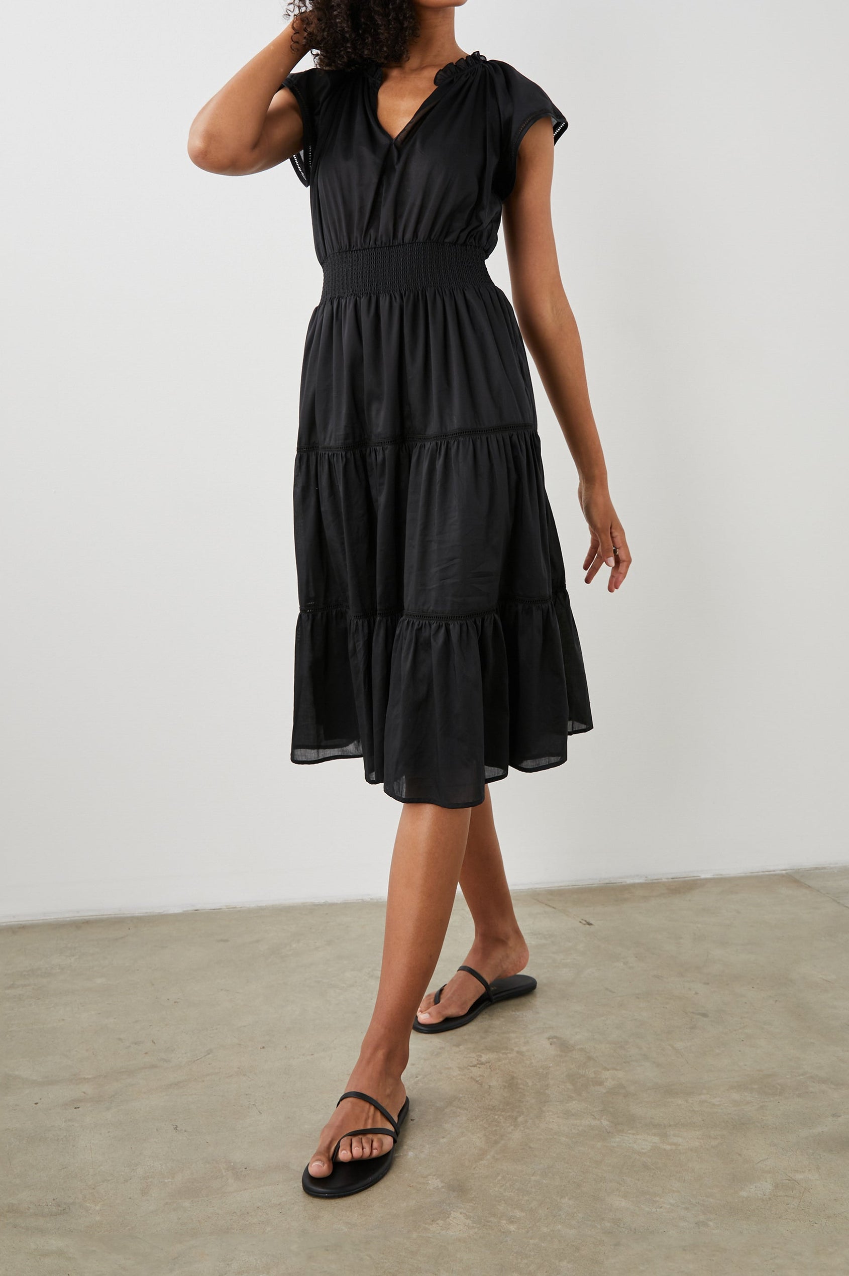 AMELLIA DRESS TRUE BLACK LACE DETAIL - FULL FRONT BODY IN MOTION