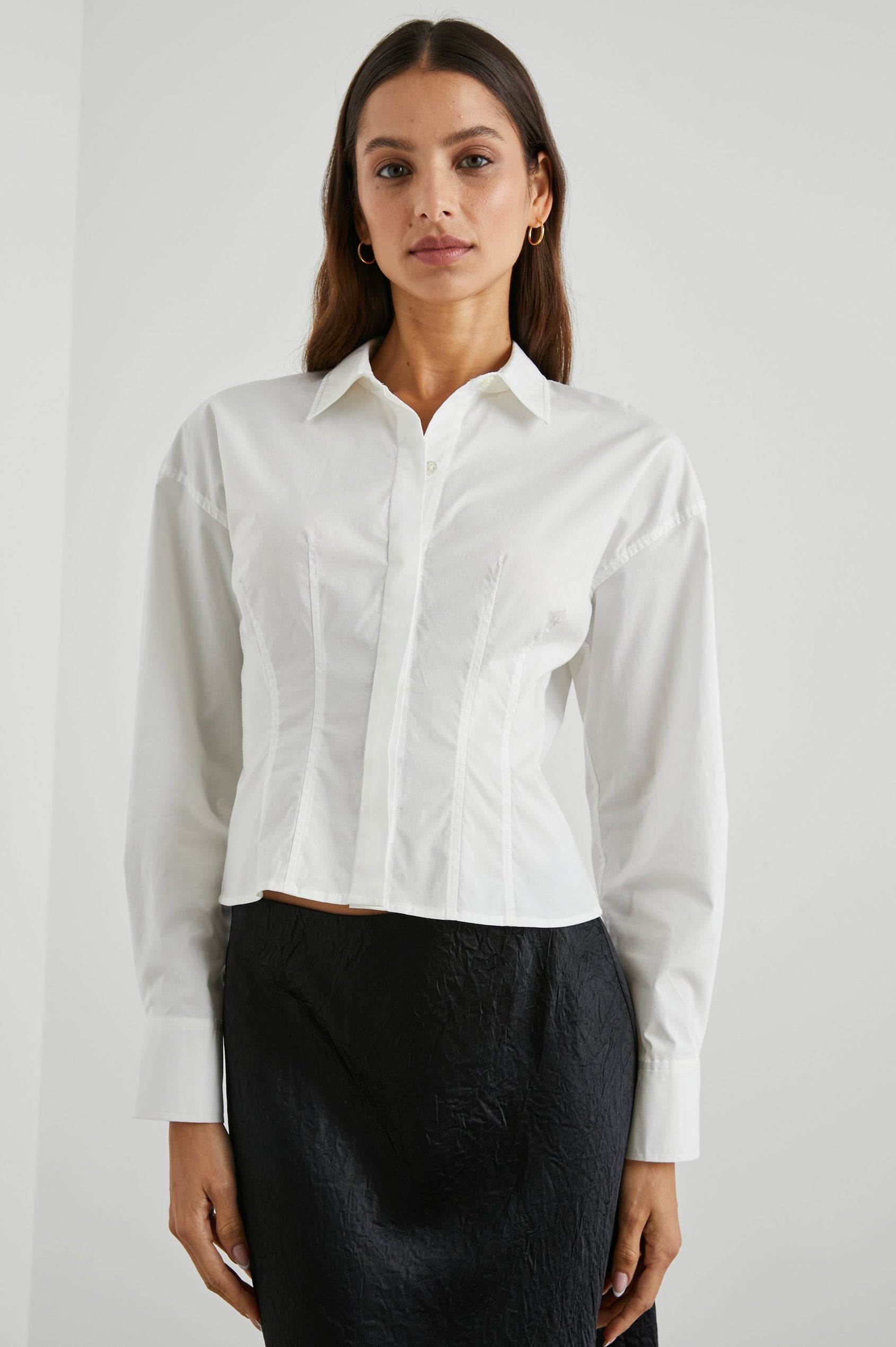 Anabelle Long-Sleeve Cropped Button Down with Vertical Pleats in White Colorway - Front View Featured on Model