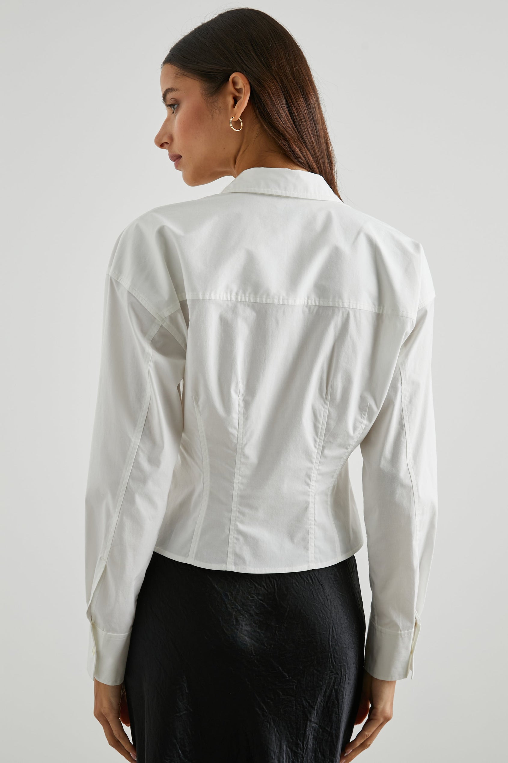 Anabelle Long-Sleeve Cropped Button Down with Vertical Pleats in White Colorway - Back View Featured on Model