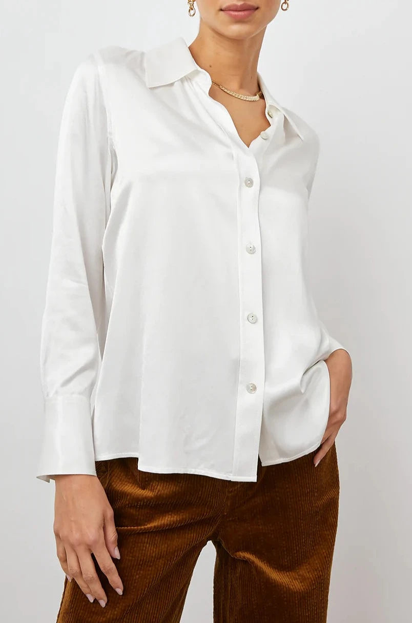 Andrea Long Sleeve Button Up in Ivory Colorway - Front View Featured on Model