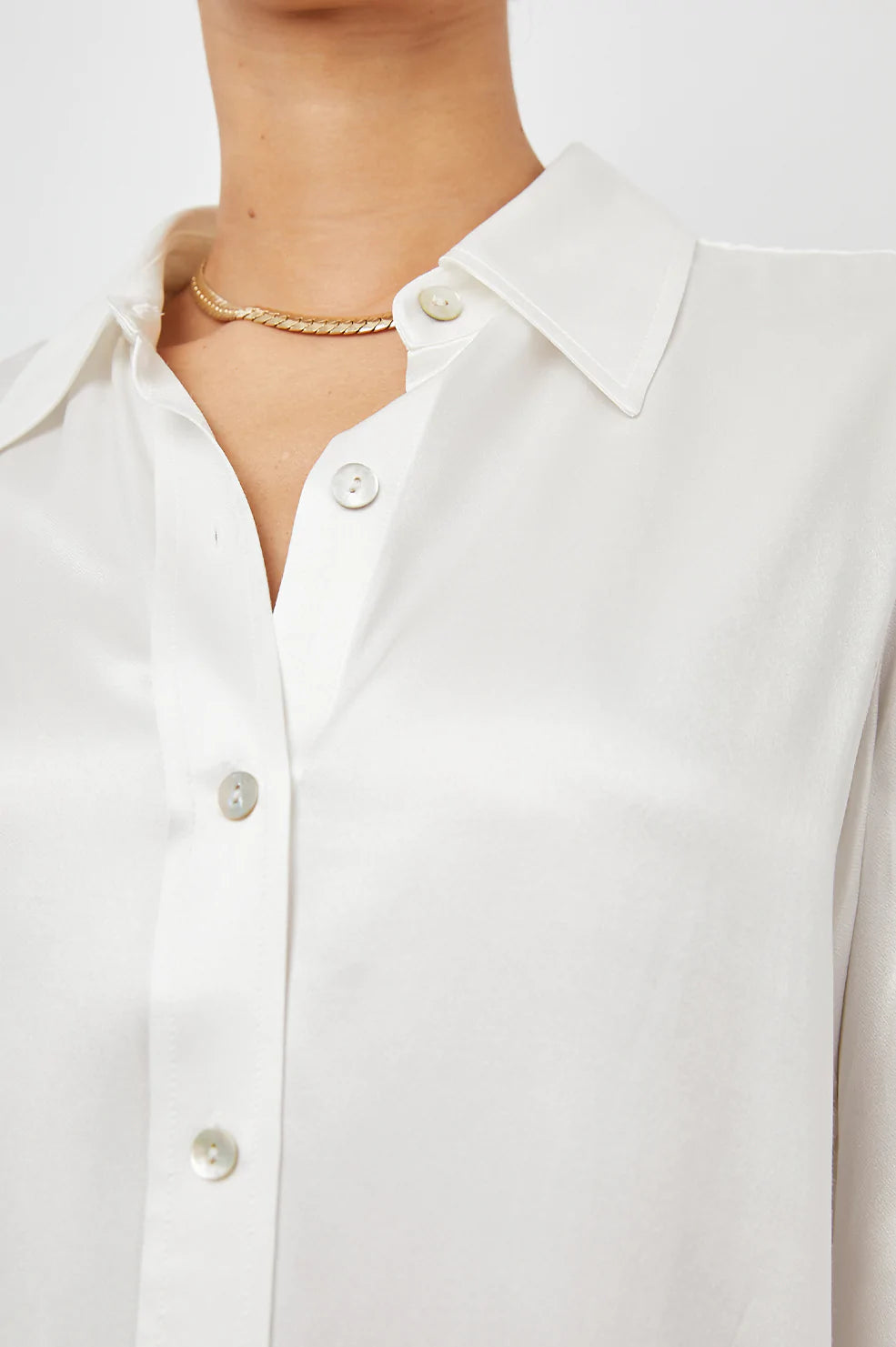 Andrea Long Sleeve Button Up in Ivory Colorway - Front View Featured on Model