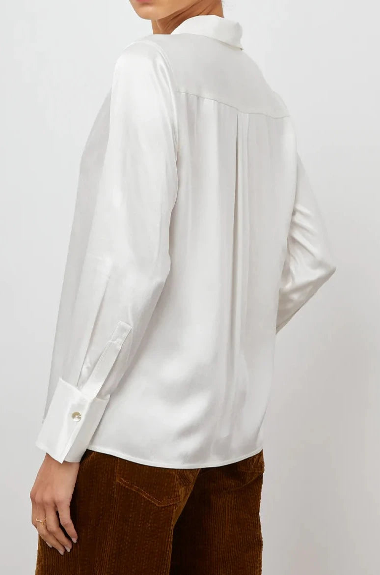 Andrea Long Sleeve Button Up in Ivory Colorway - Back View Featured on Model