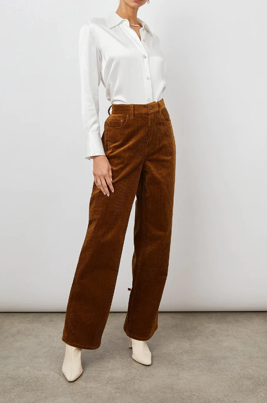Andrea Long Sleeve Button Up in Ivory Colorway - Front Tucked Full Body View Featured on Model