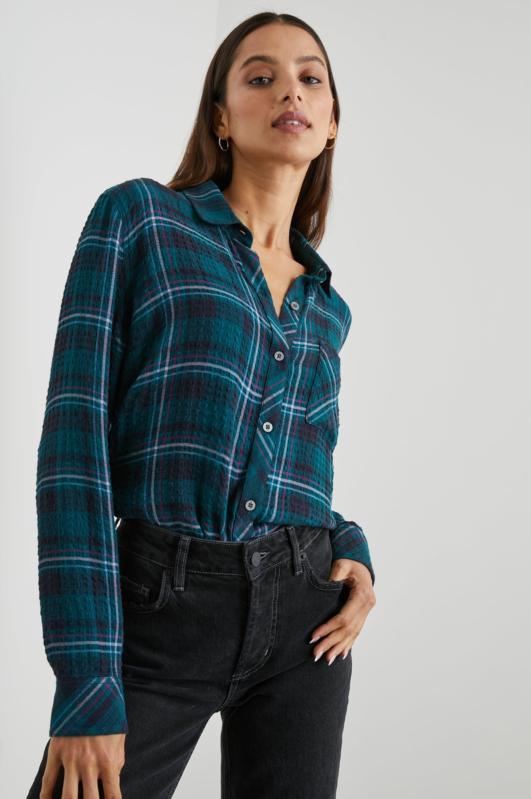 Brady Long-Sleeve Button Up with a Chest Patch Pocket and Textured Fabric in Pine Fuchsia Colorway, a Plaid in Pine, Fushia, Blue and Grey - Front View Featured on Model