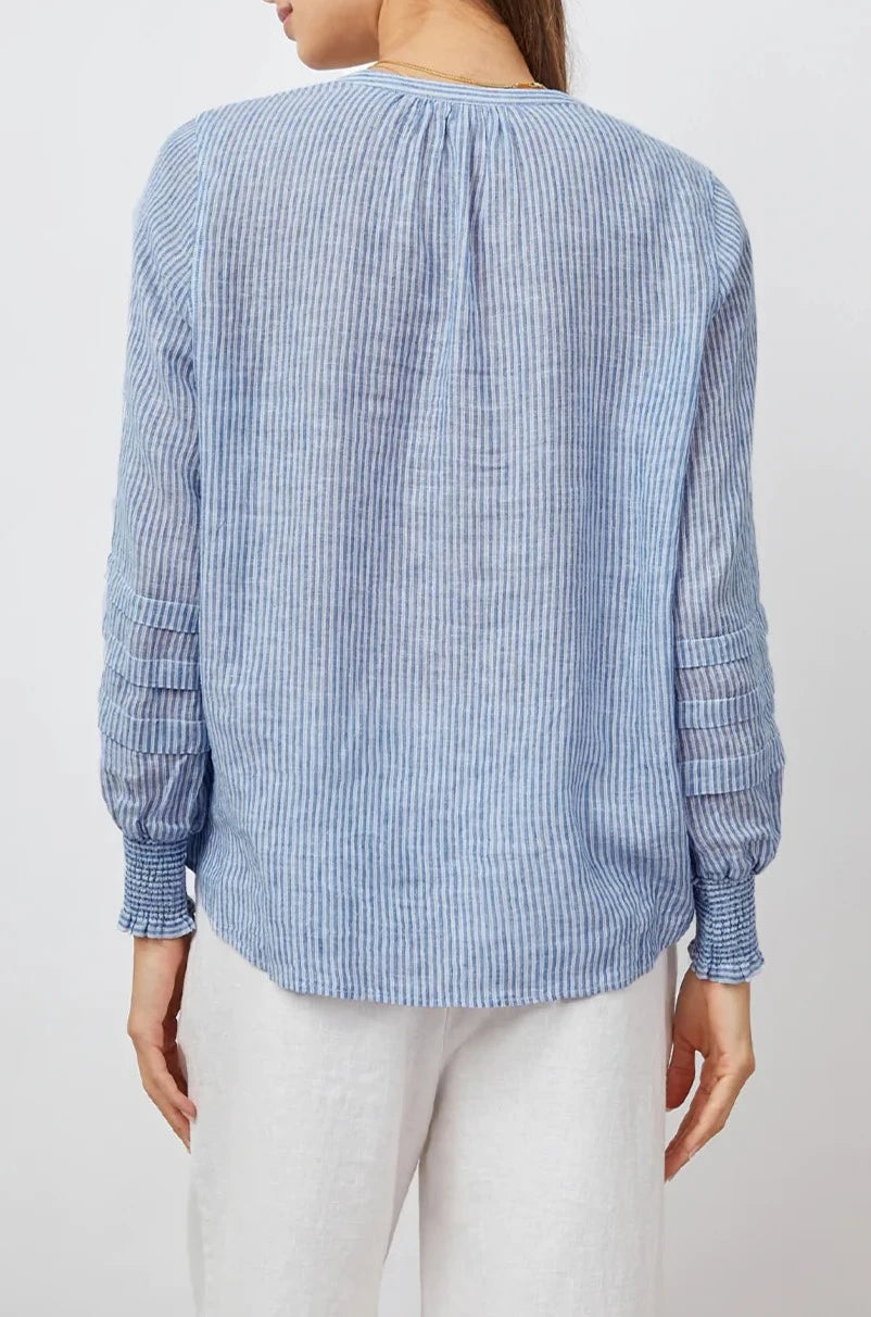 Caterina Long-Sleeve Top with a V neck, Neck Ties, Shirred Cuffs and Horizontal Pleats on the Sleeves in Sanibel Stripe Colorway, Thin White and Blue Vertical Stripes - Back View Featured on Model