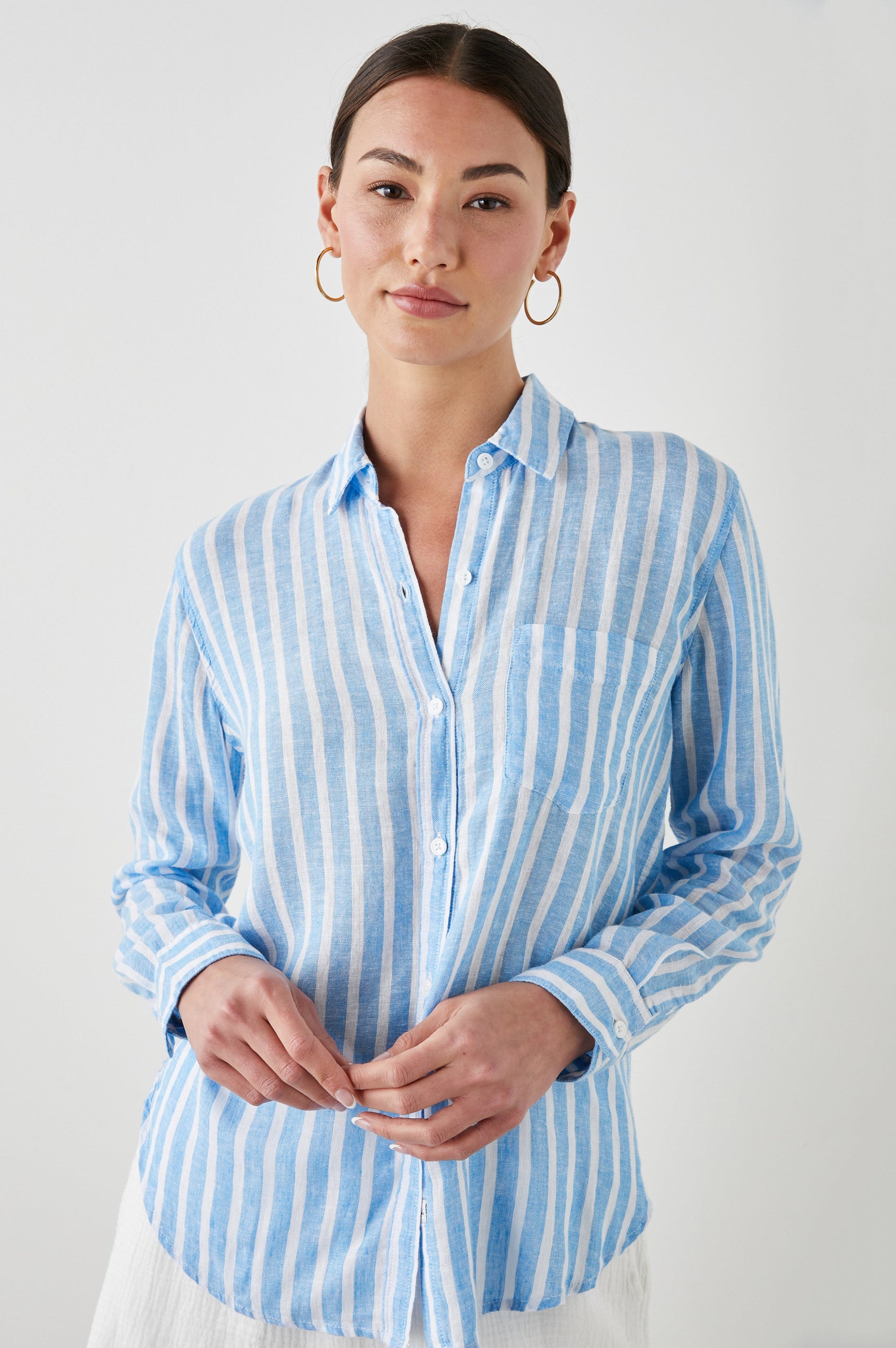 CHARLI SHIRT LAKE STRIPE - FRONT IN MOTION