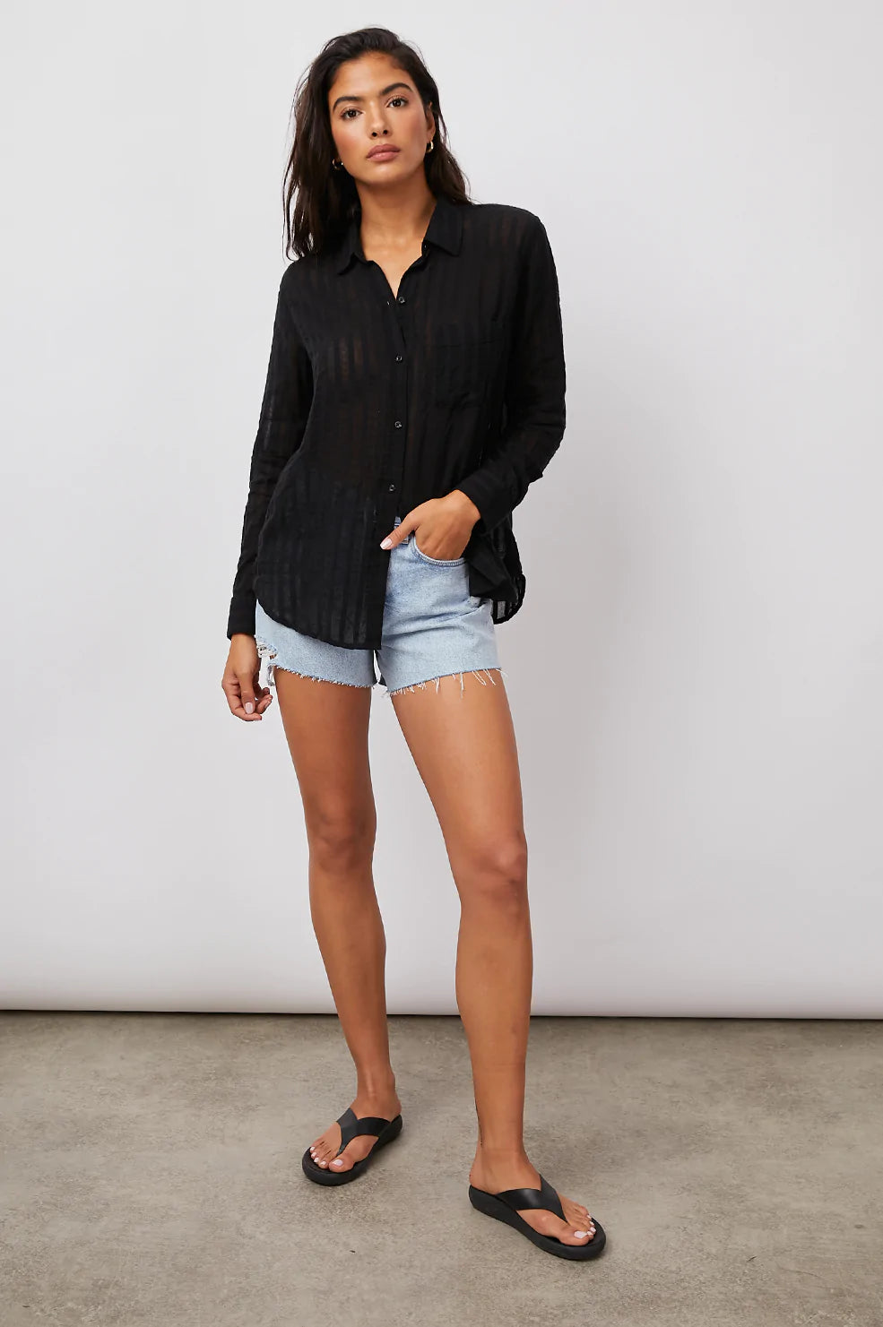 CHARLI BLACK SHADOW STRIPE LONG SLEEVE BUTTON DOWN - FULL FRONT BODY