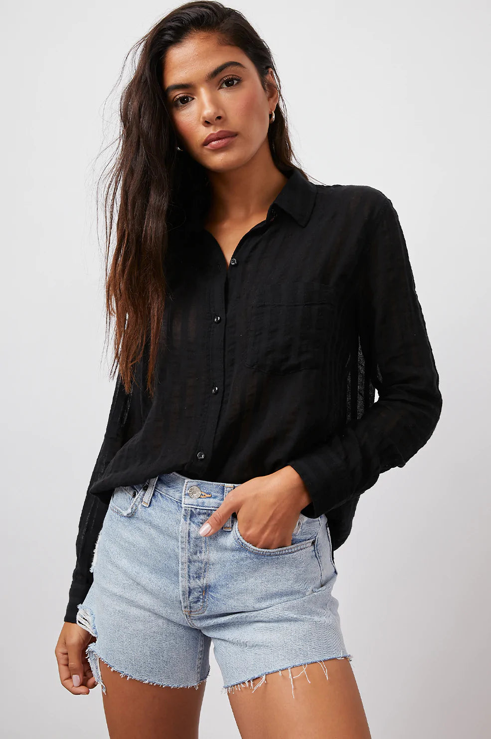 CHARLI BLACK SHADOW STRIPE LONG SLEEVE BUTTON DOWN - FRONT