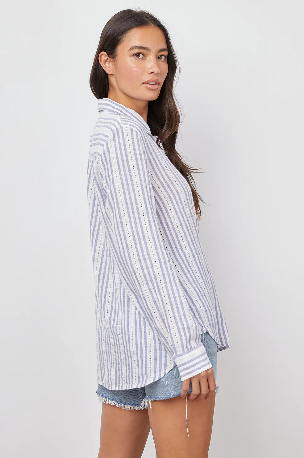 CHARLI BLUE CATALINA STRIPE BUTTON DOWN SHIRT-SIDE ANGLE
