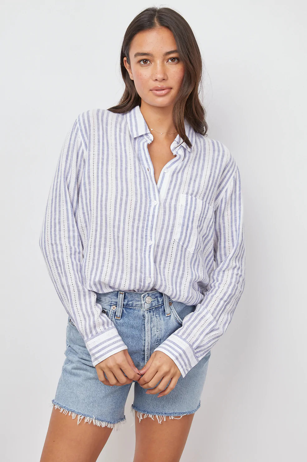 CHARLI BLUE CATALINA STRIPE BUTTON DOWN SHIRT-FRONT TUCKED