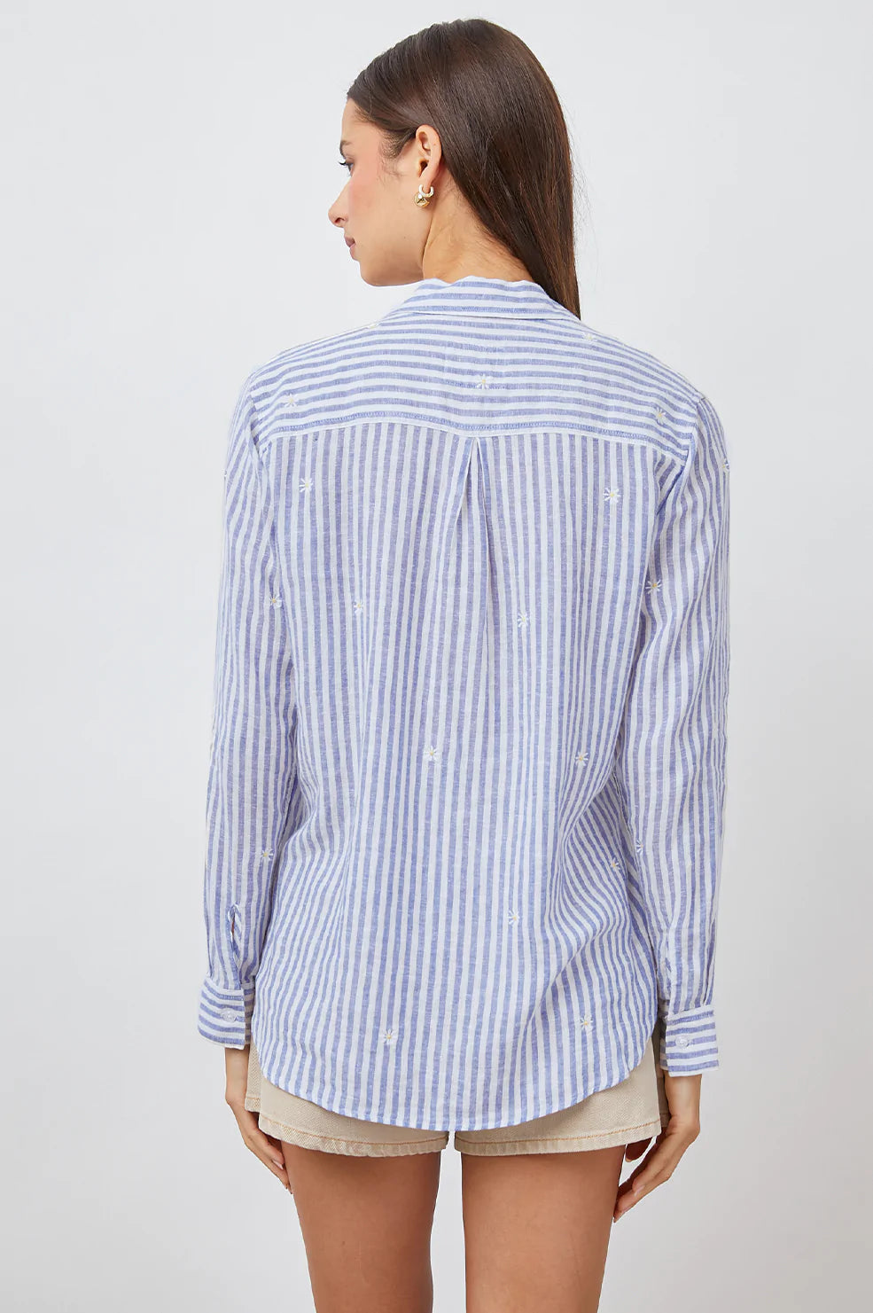CHARLI BLUE STRIPE DAISY EMBROIDERY LONG SLEEVE BUTTON DOWN-BACK