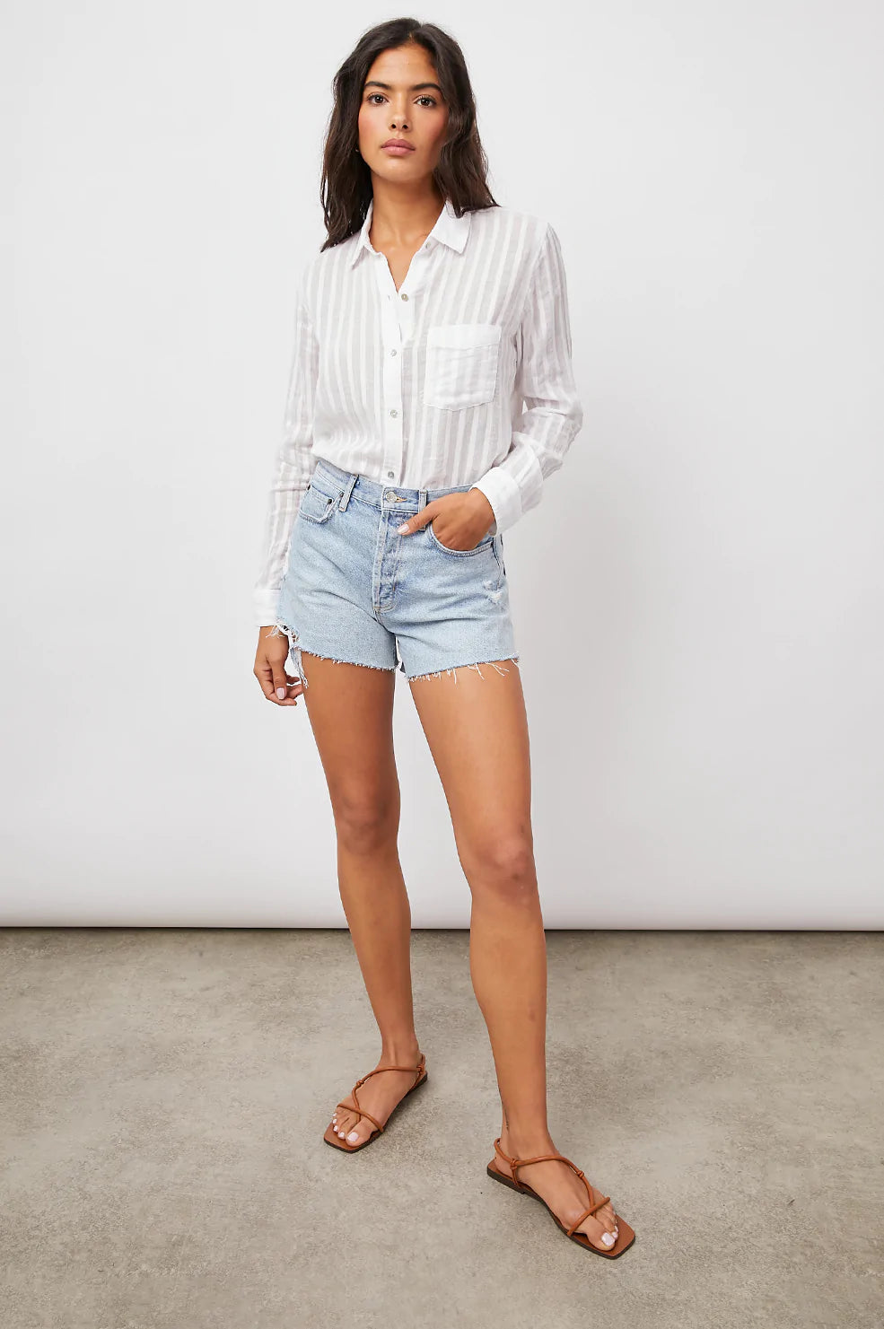 CHARLI WHITE SHADOW STRIPE LONG SLEEVE BUTTON DOWN- FULL FRONT BODY