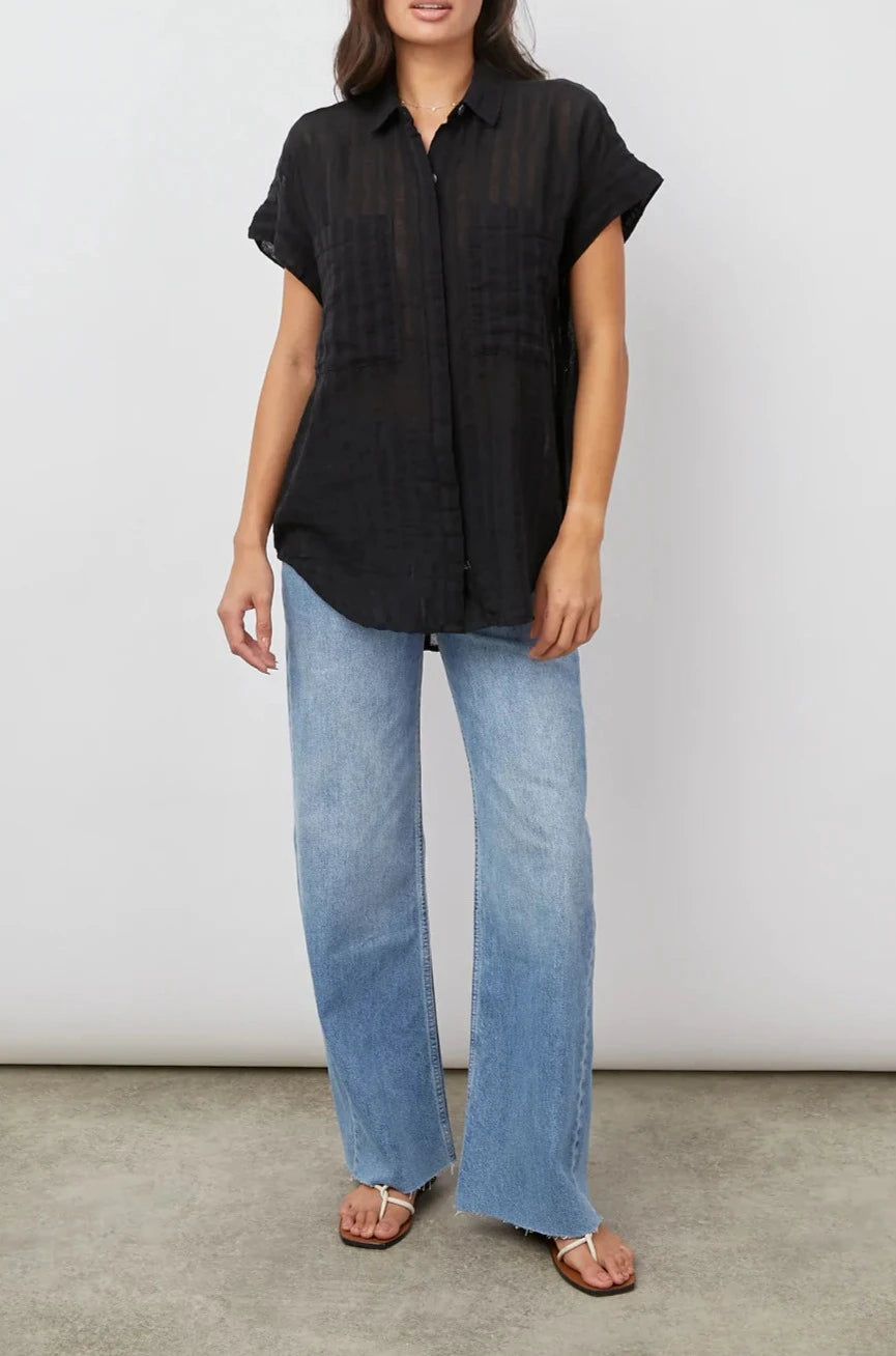 CITO BLACK SHADOW STRIPE SHORT SLEEVE BUTTON DOWN SHIRT-FULL FRONT BODY UNTUCKED