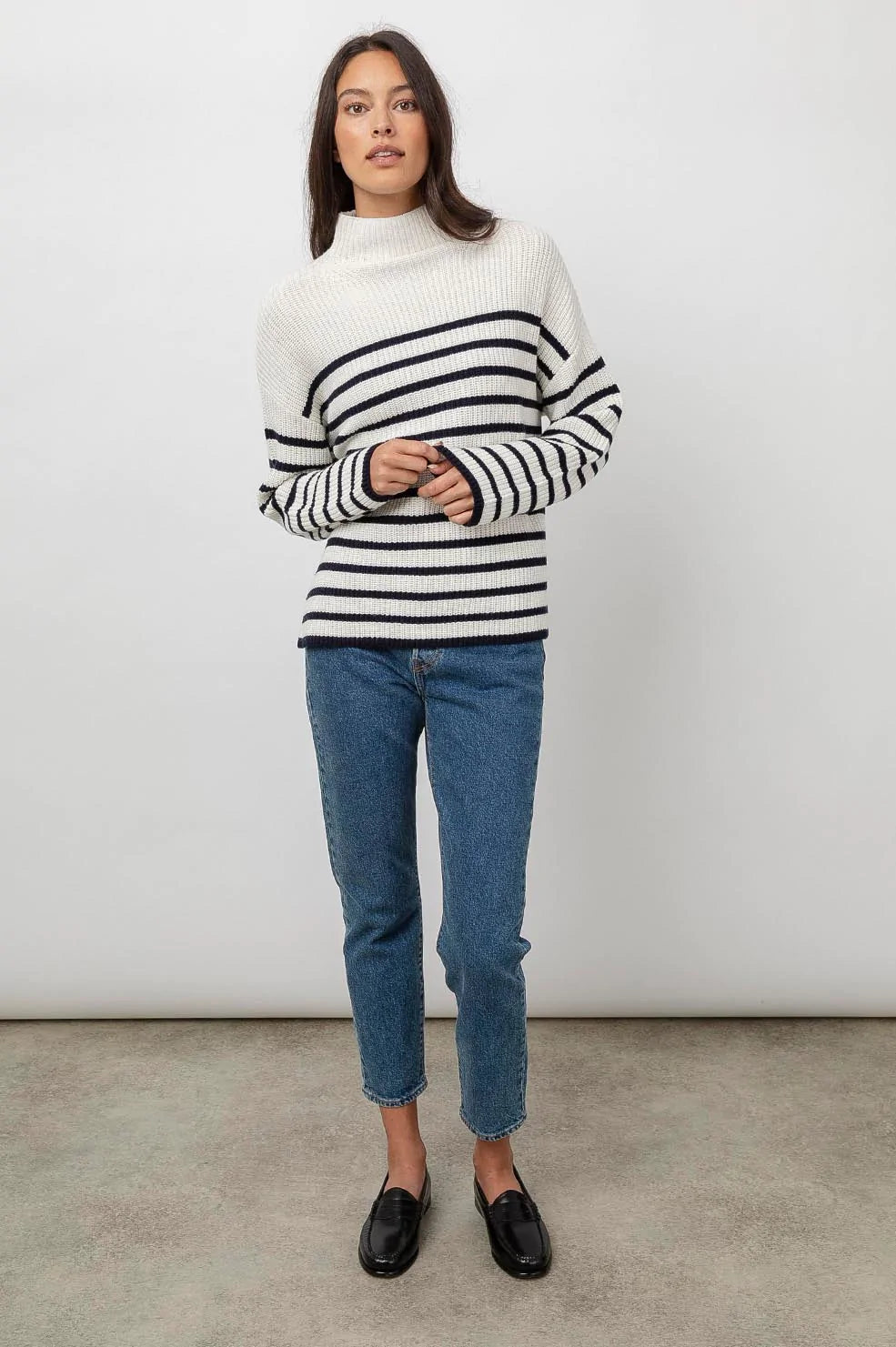Claudia Cream Navy Stripe Mock Neck Sweater- full front body