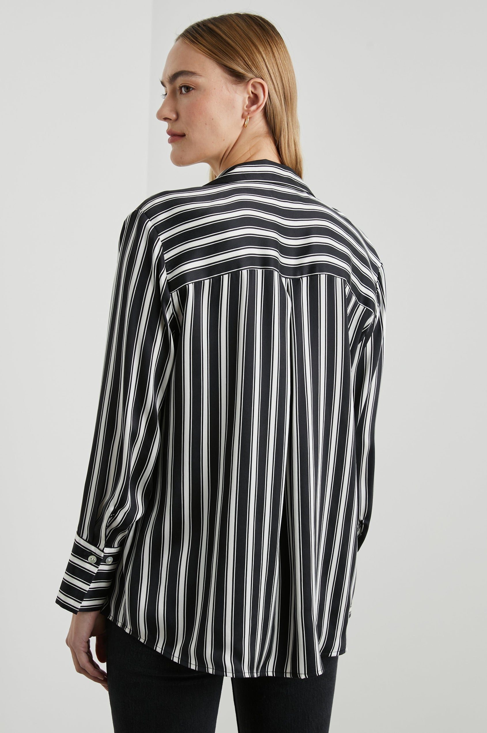 Dorian Long-Sleeve Button Up in Melrose Stripe Colorway, Black and White Vertical Stripes - Back View Featured on Model