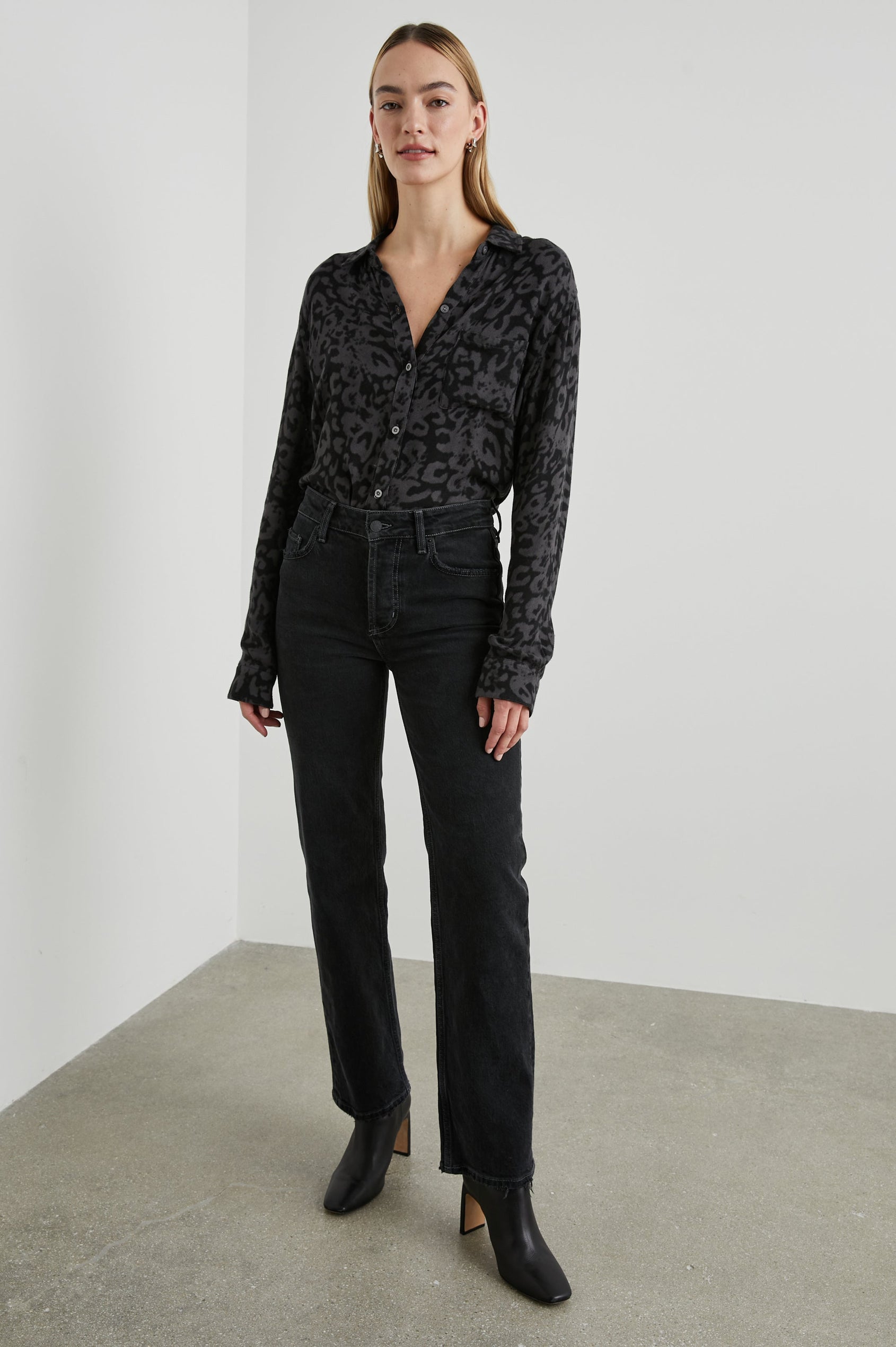 Hunter Long-Sleeve Button Up with a Chest Patch Pocket in Diffused Charcoal Cheetah Colorway, Charcoal Cheetah Spots on Black - Front Full Body View Featured on Model