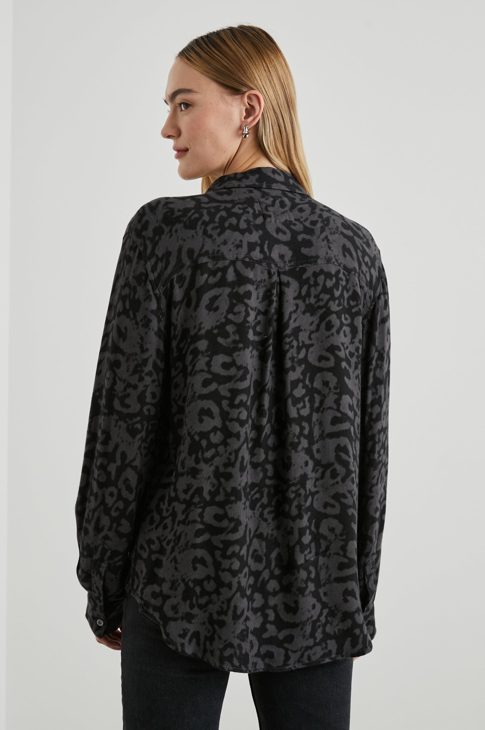 Hunter Long-Sleeve Button Up with a Chest Patch Pocket in Diffused Charcoal Cheetah Colorway, Charcoal Cheetah Spots on Black - Back View Featured on Model