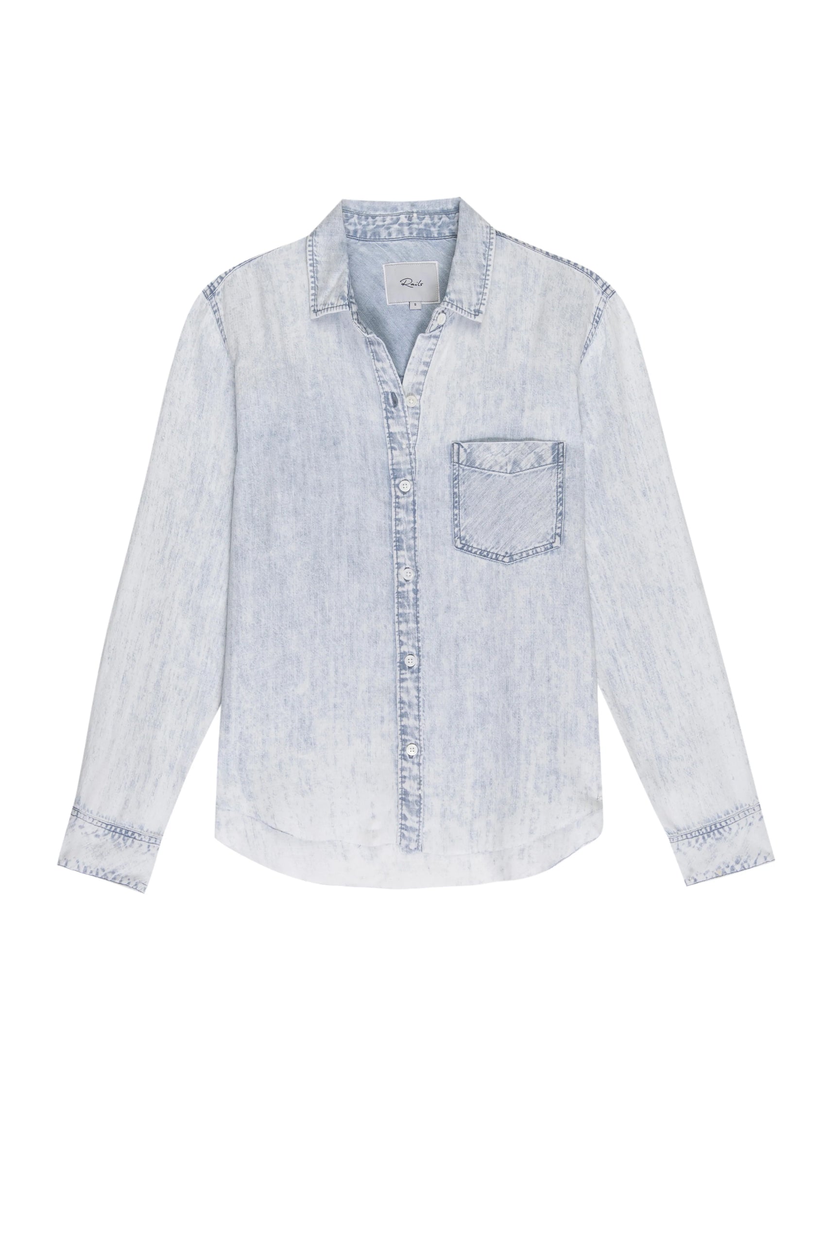 Ingrid Raw Hem, Long Sleeve Denim Button Up with a Chest Patch Pocket in Light Acid Wash Colorway - Front View