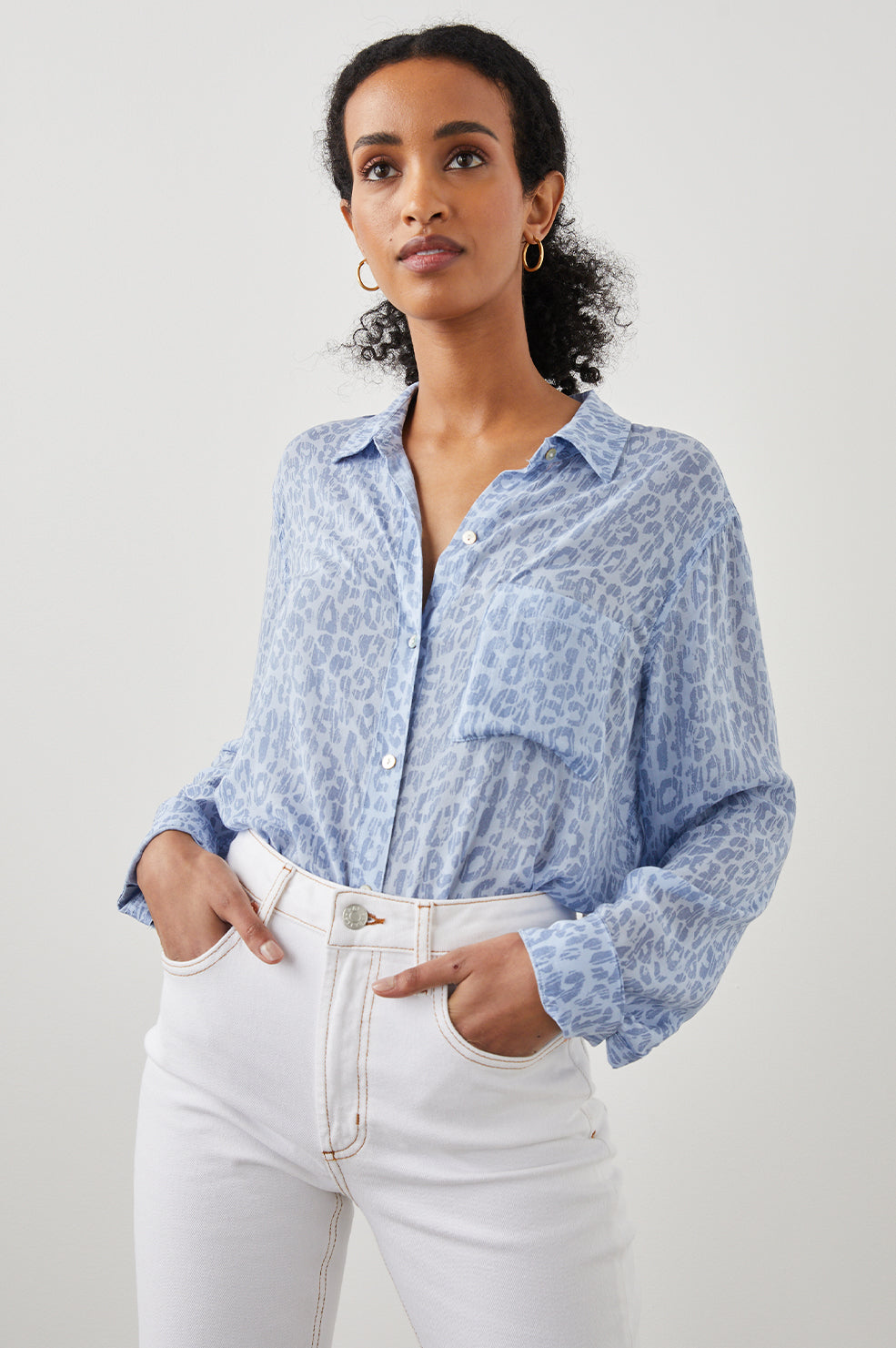 JOSEPHINE SHIRT BLUE BATIK CHEETAH -FRONT TUCKED IN