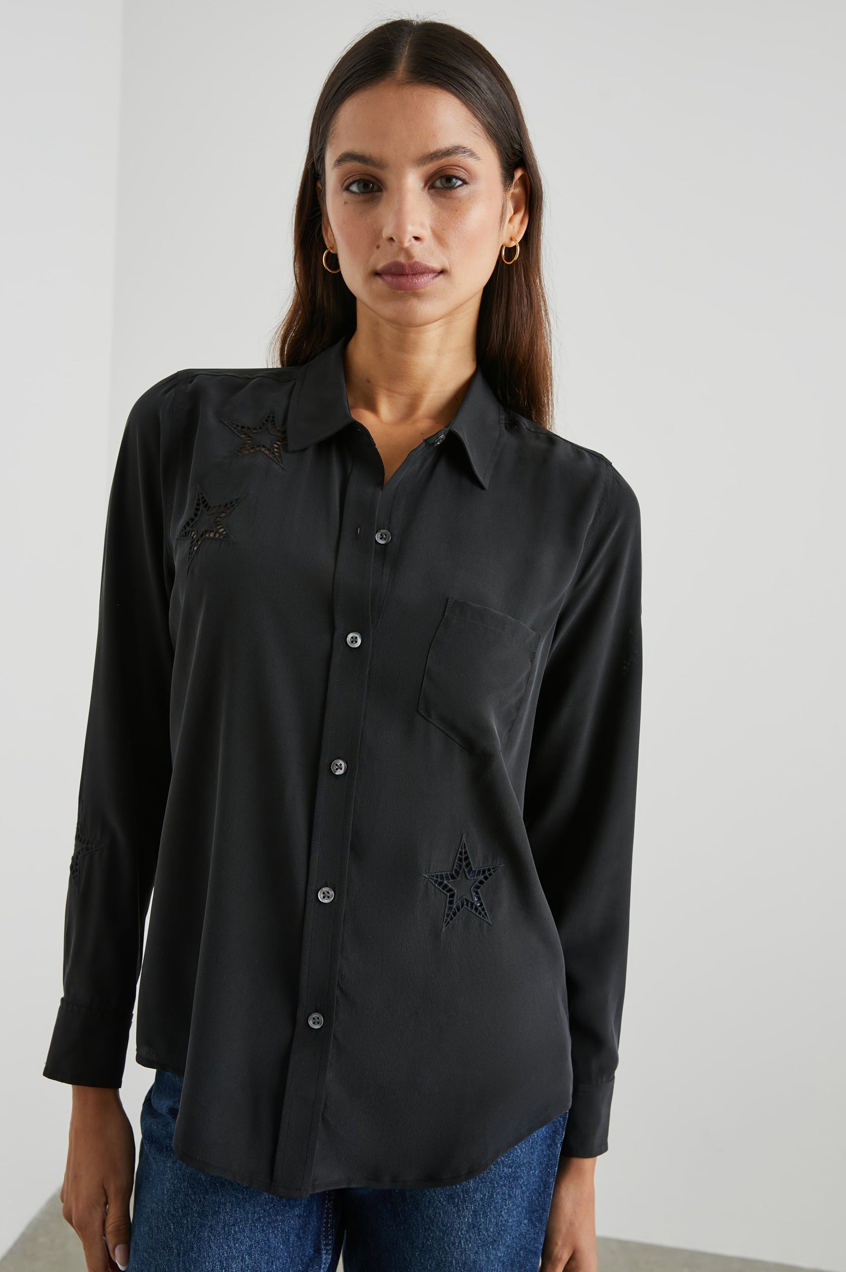 KATE SHIRT BLACK EYELET STARS - FRONT UNTUCKED