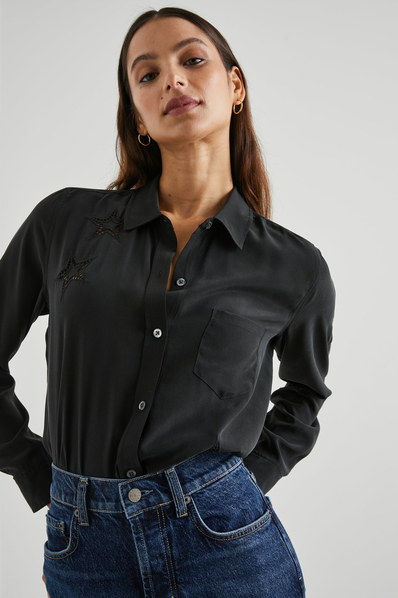 KATE SHIRT BLACK EYELET STARS - FRONT ANGLE