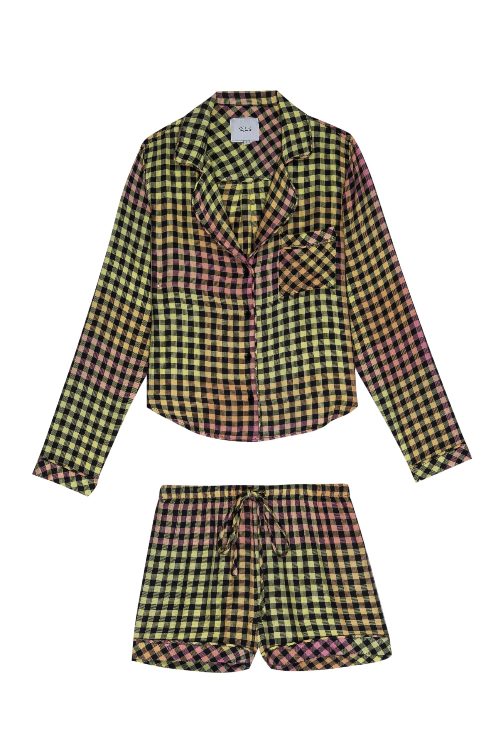 Kellen Black Sunset Gingham Long Sleeve Short Set With Piping - flat