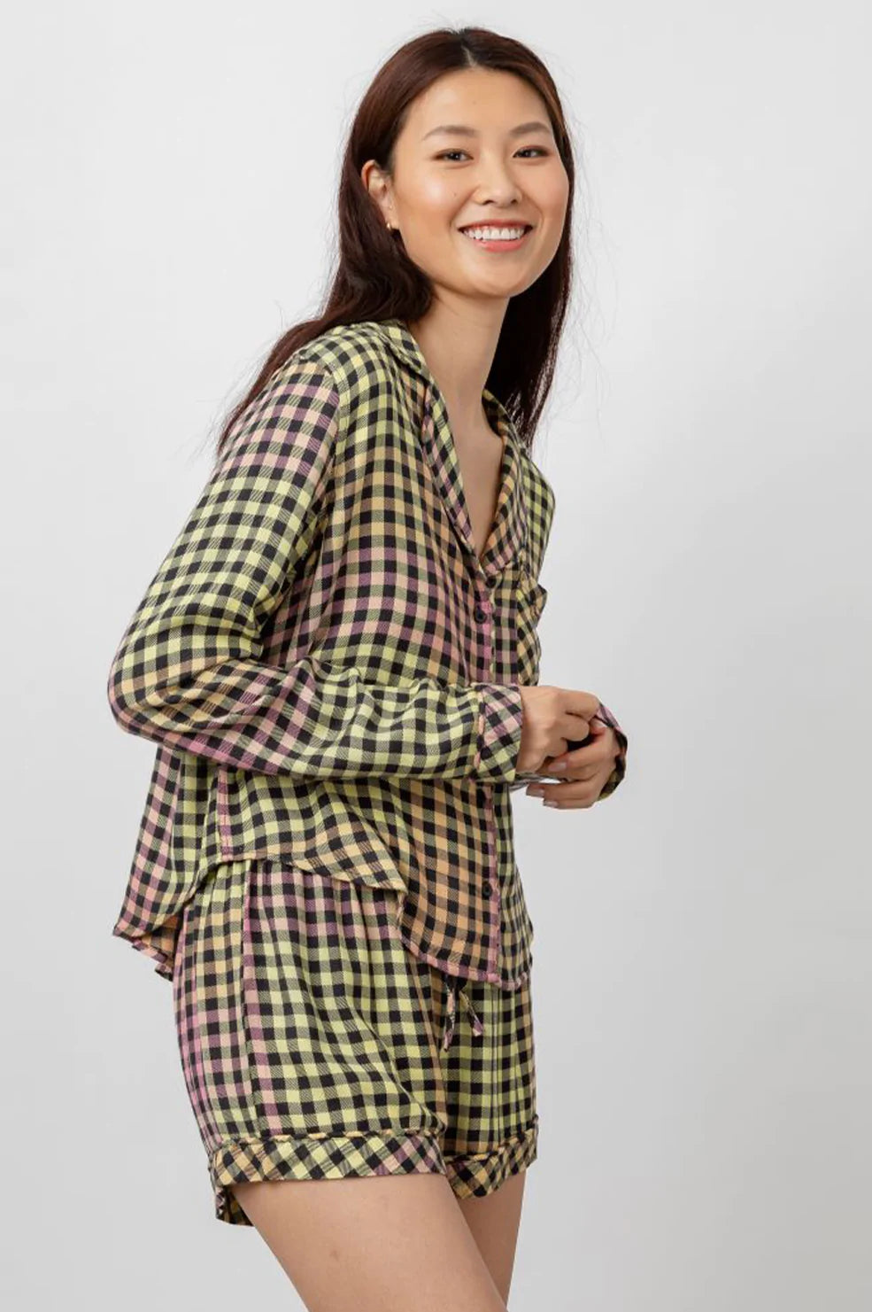 Kellen Black Sunset Gingham Long Sleeve Short Set With Piping - side angle
