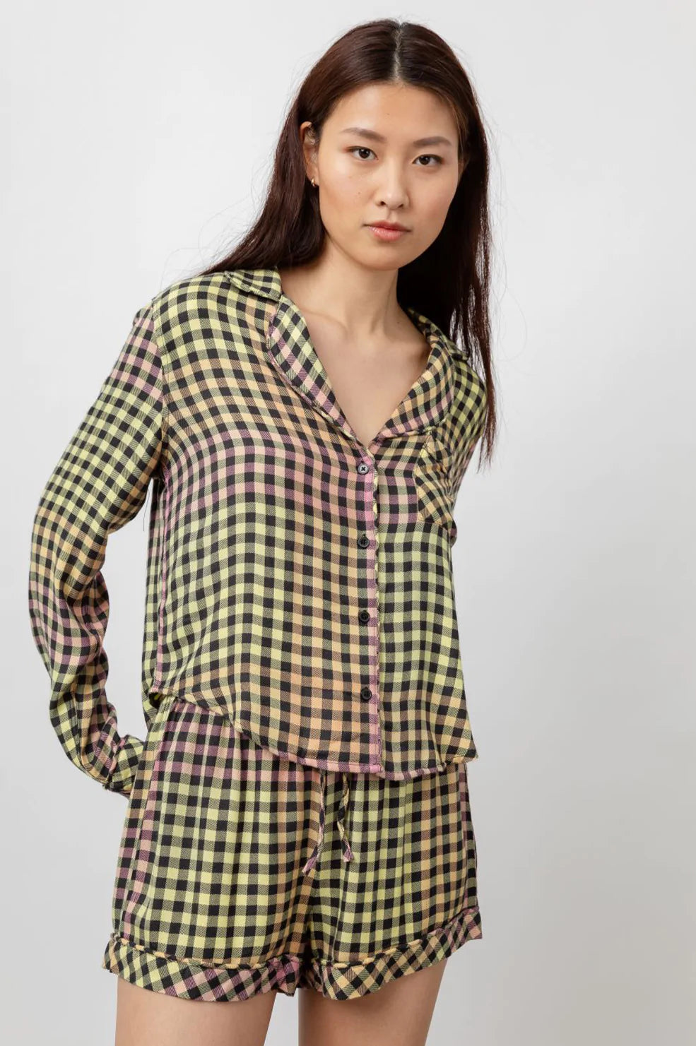 Kellen Black Sunset Gingham Long Sleeve Short Set With Piping - front