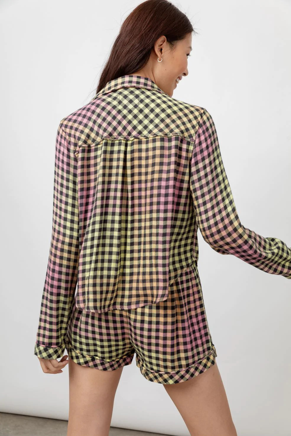 Kellen Black Sunset Gingham Long Sleeve Short Set With Piping - back