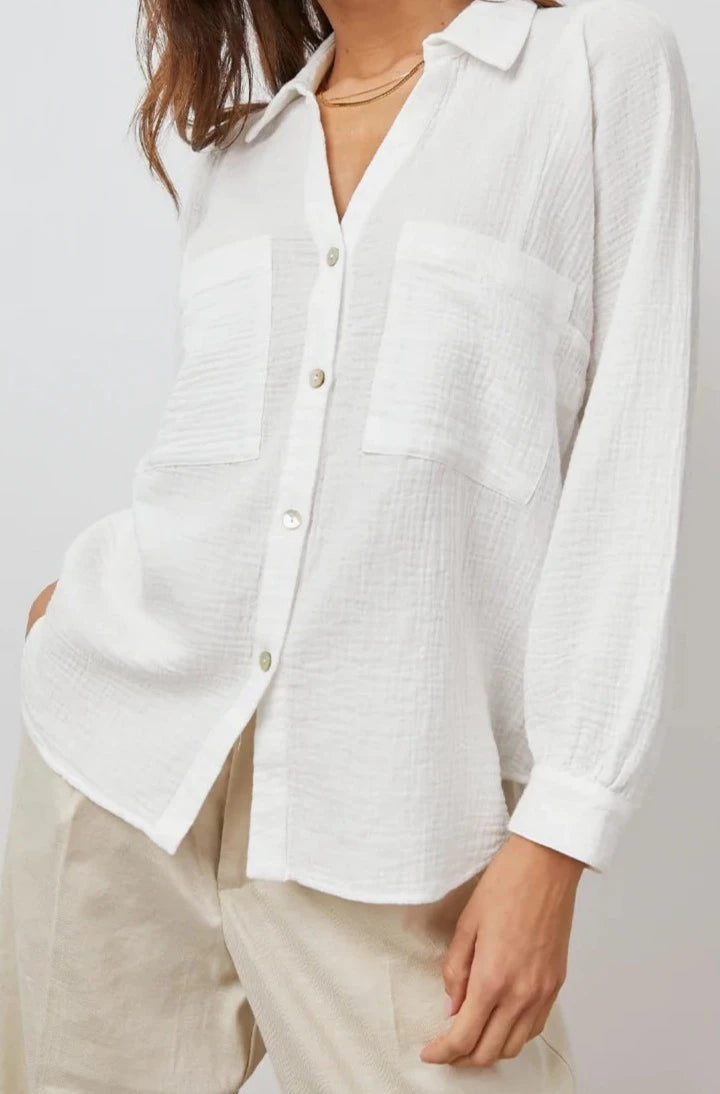 Lauren Long-Sleeve Button Up with Two Chest Patch Pockets and a V Neck in White Colorway - Front View Featured on Model