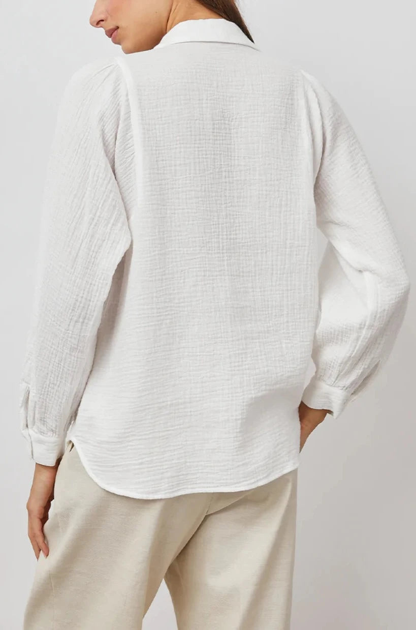Lauren Long-Sleeve Button Up with Two Chest Patch Pockets and a V Neck in White Colorway - Back View Featured on Model