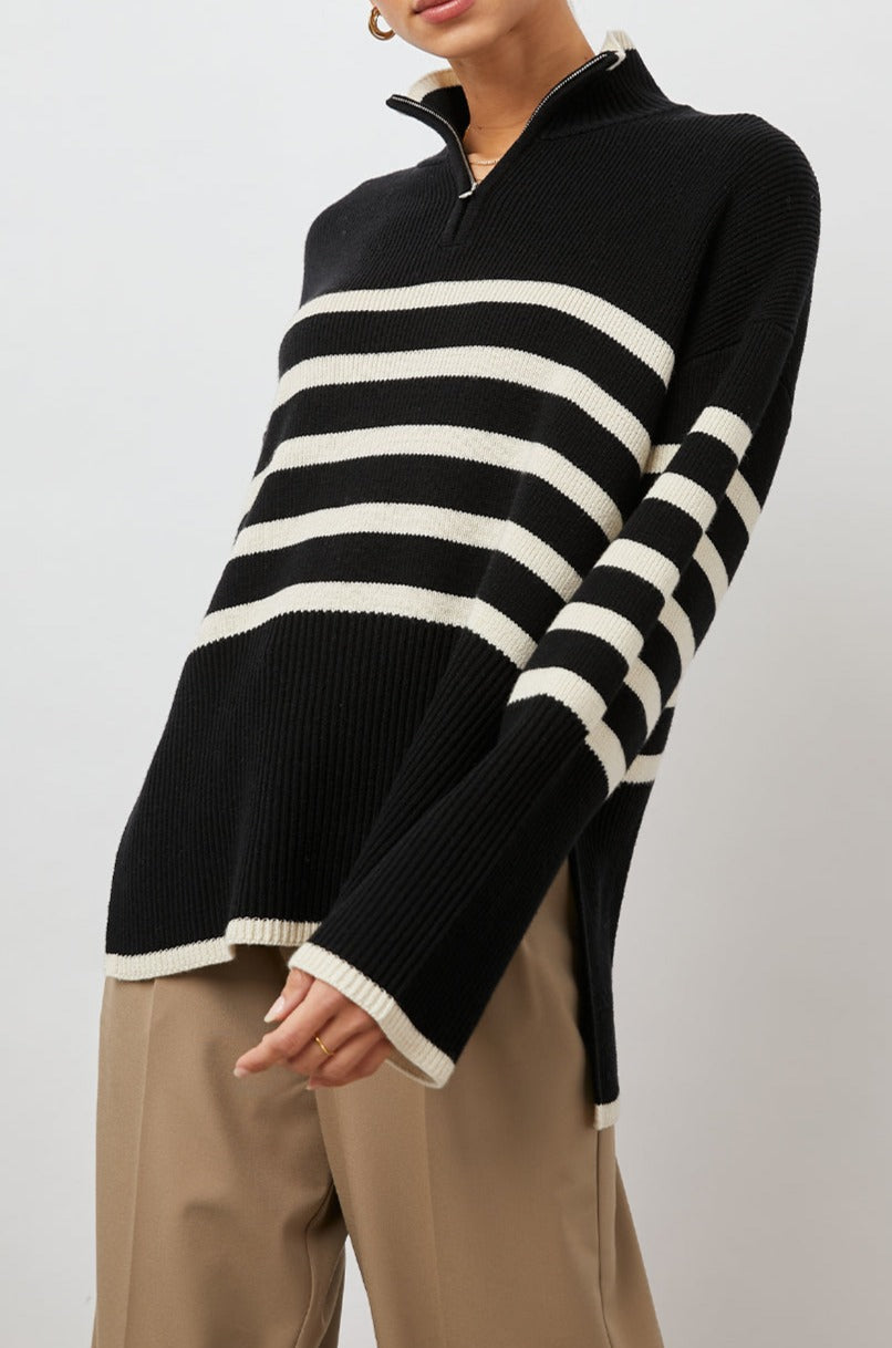 TESSA SWEATER ONYX IVORY STRIPE -SIDE ANGLE