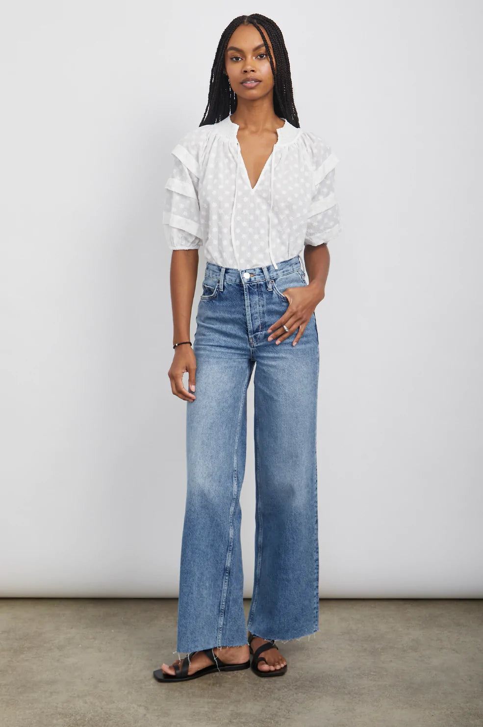 PARIS WHITE EMBROIDERED DAISIES TOP-FULL FRONT BODY