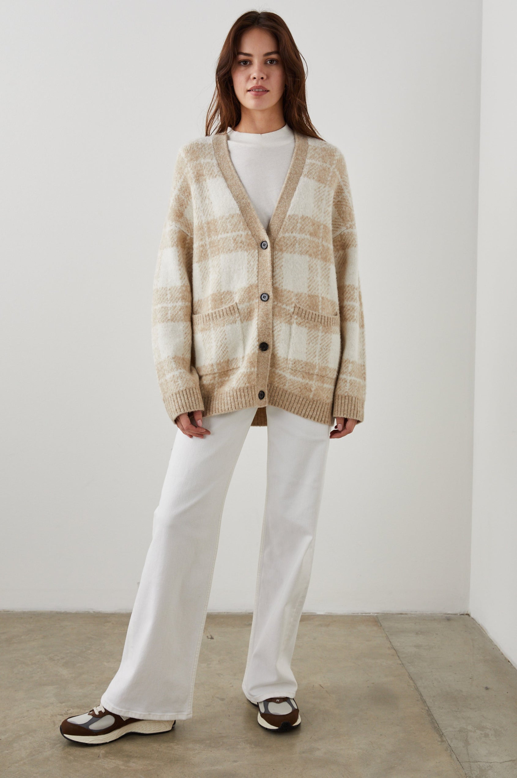 RUNI CARDIGAN IVORY SAND PLAID - FULL FRONT BODY