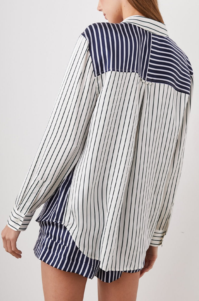 Spencer Long-Sleeve Button Up with Chest Patch Pocket in Kent Multi Stripe Colorway, Patches of different colored vertical and horizontal stripes in blue and whites - Back Unbuttoned View Featured on Model