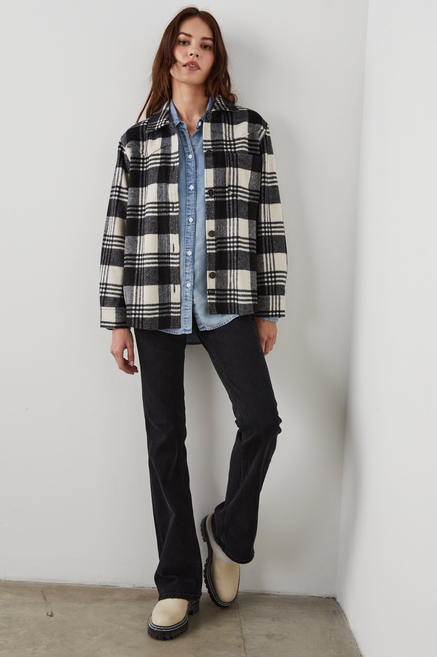 Tripp Shirt Jacket, Long-Sleeve Button Up with a Chest Patch Pocket in Oyster Black Colorway, a Plaid in Cream and Black - Front Full Body View Featured on Model