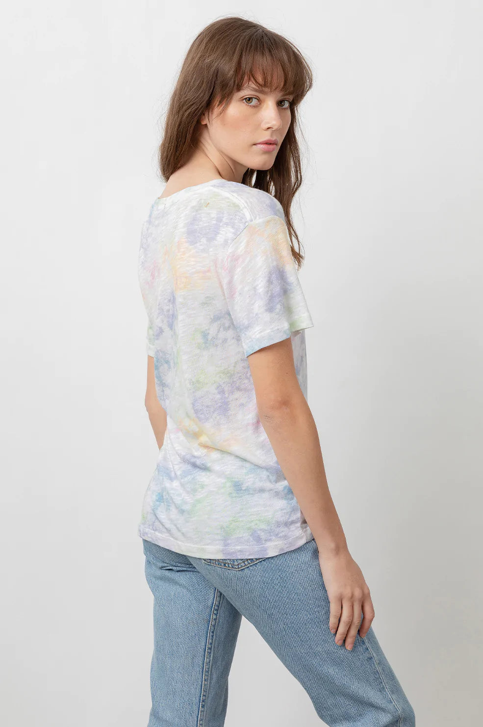 The Cara V-Neck Rainbow Tie Dye Shirt- back untucked