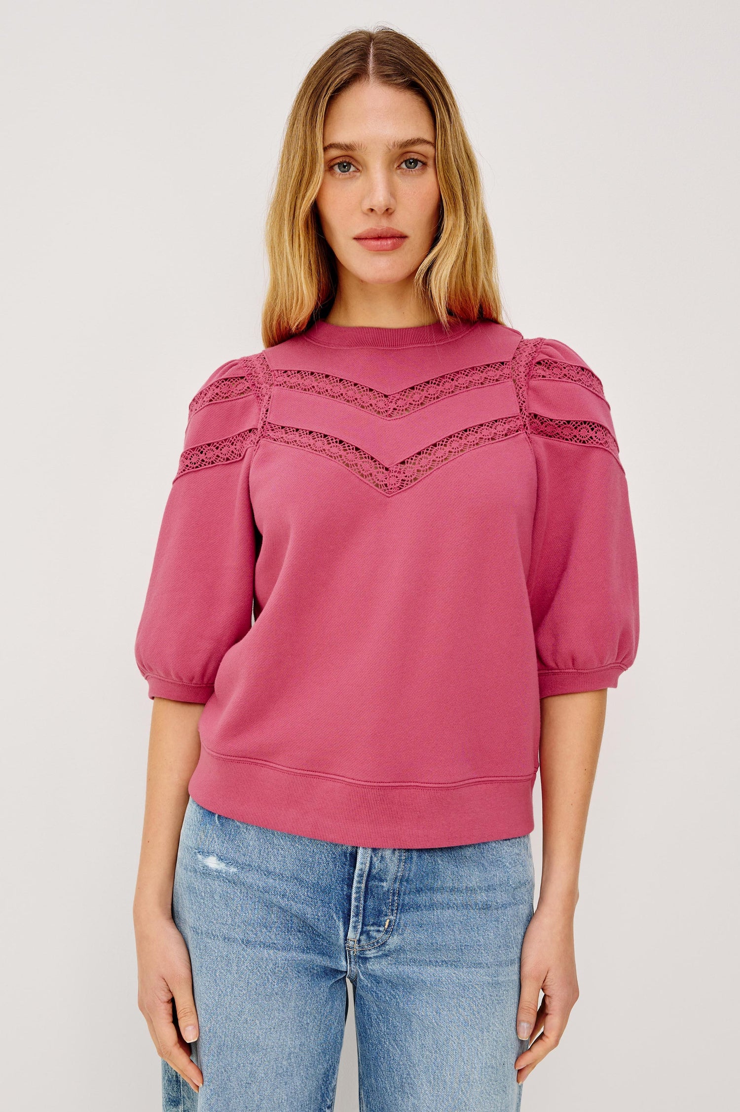 Adria Crewneck Top in French Terry With Sheer Crochet Insets at Front, Back, and Short Puff Sleeves in Sky Colorway - Upper Body Front View Featured on Model