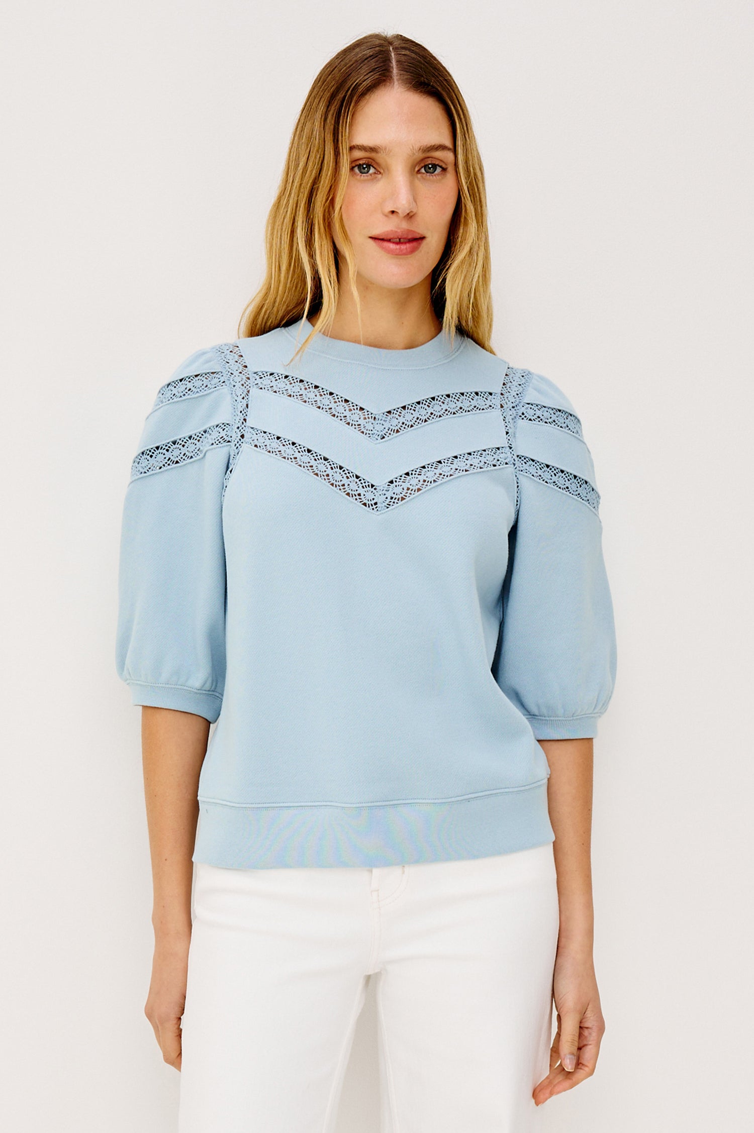 Adria Crewneck Top in French Terry With Sheer Crochet Insets at Front, Back, and Short Puff Sleeves in Sky Colorway - Upper Body Back View Featured on Model